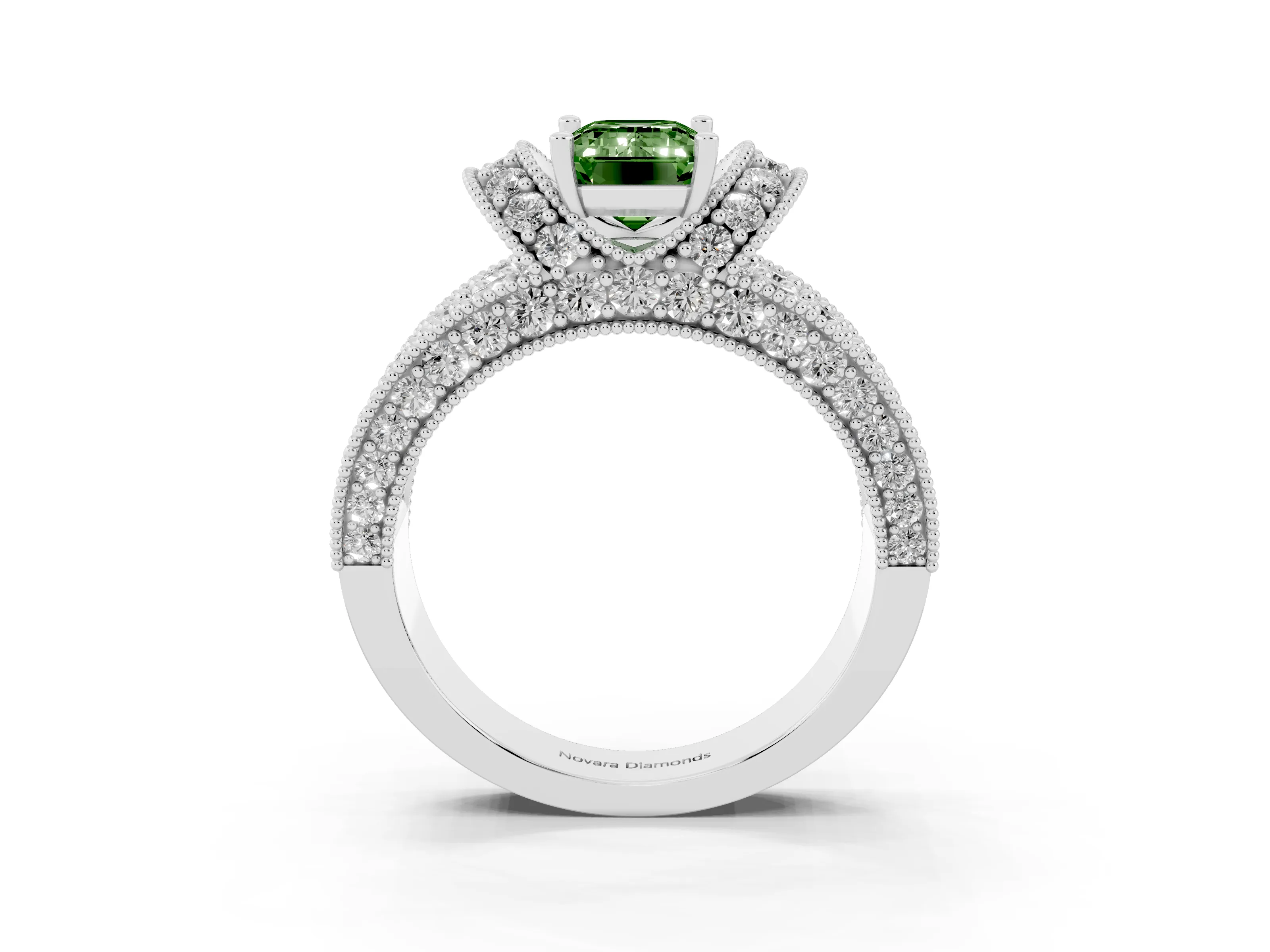 Fancy Green Emerald Cut Diamond Milgrain Halo Pavé Engagement Ring Set in Silver with Prong Setting