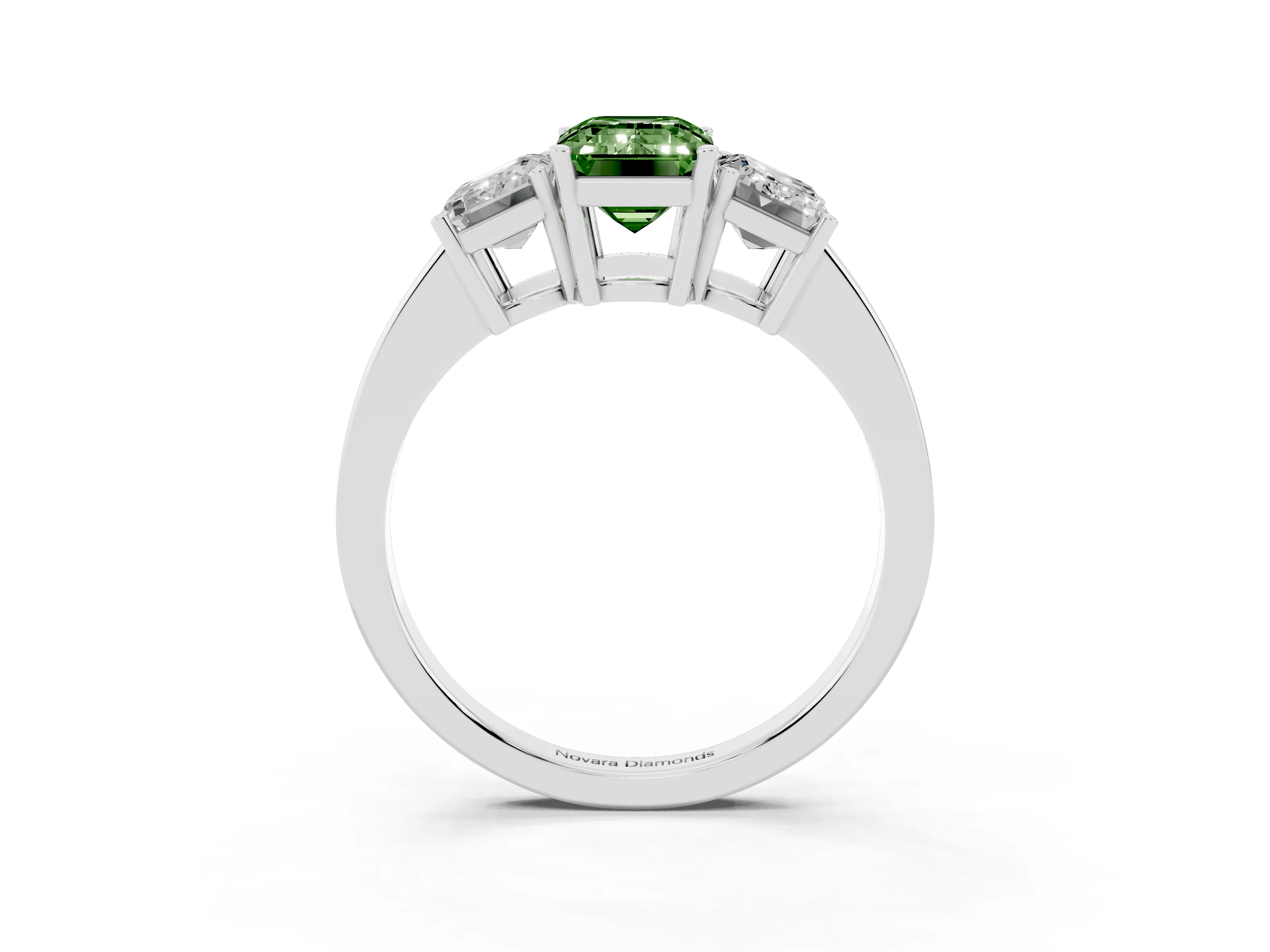 Fancy Green Emerald Cut Diamond Three-Stone Engagement Ring Set in Silver with Flat Band