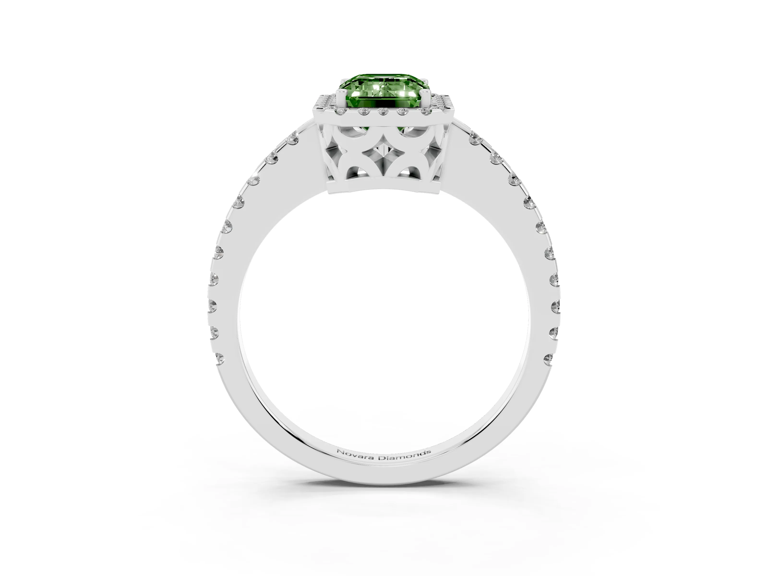 Fancy Green Emerald Cut Diamond Halo Ring Set in White gold with Pavé Shoulders and Halo-Framed Center