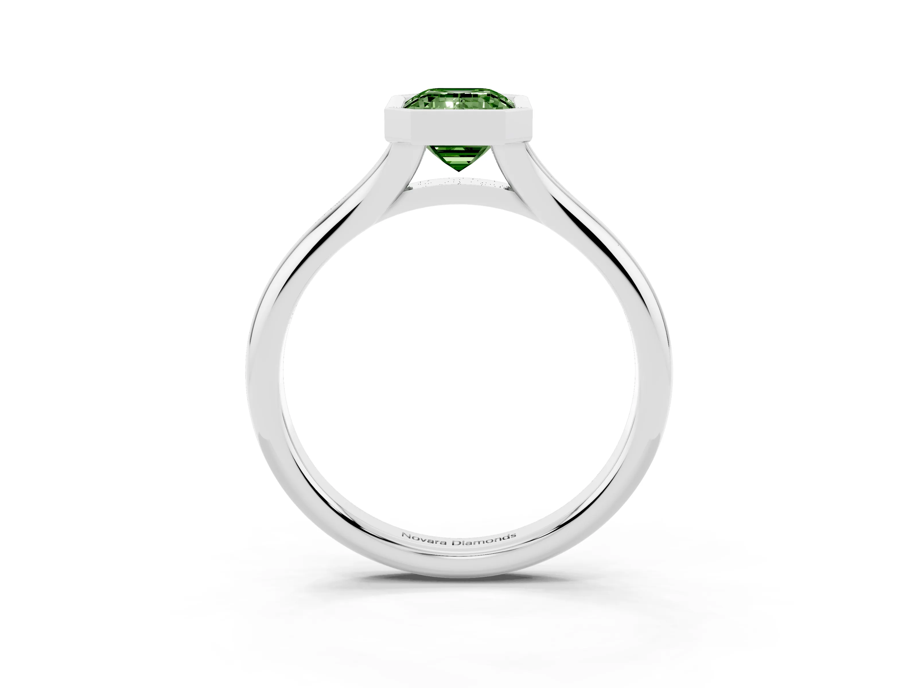 Fancy Green Bezel Set Emerald Cut Diamond Solitaire Ring Set in Platinum with Smooth Band