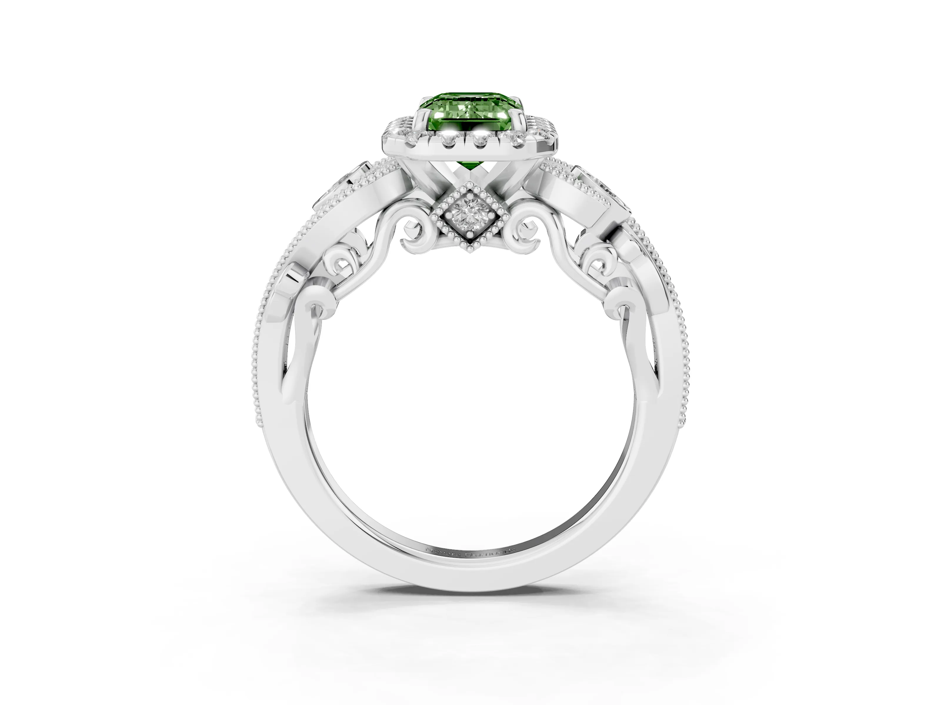 Fancy Green Emerald Cut Diamond Halo Ring Set in Silver with Milgrain Pavé Band and Prong Setting