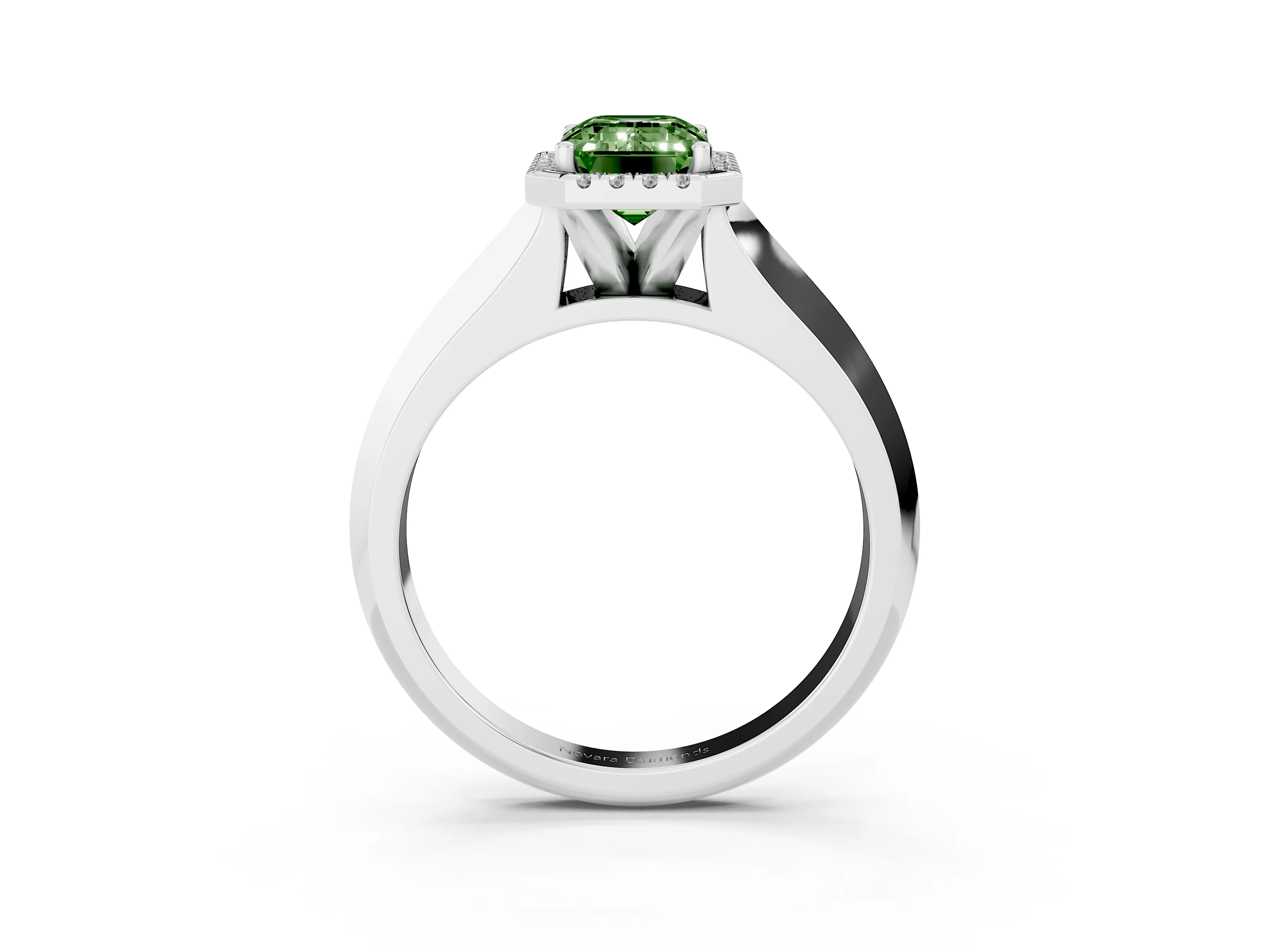 Fancy Green Emerald Cut Diamond Halo Ring Set in White gold with Cathedral Band and Prong Setting