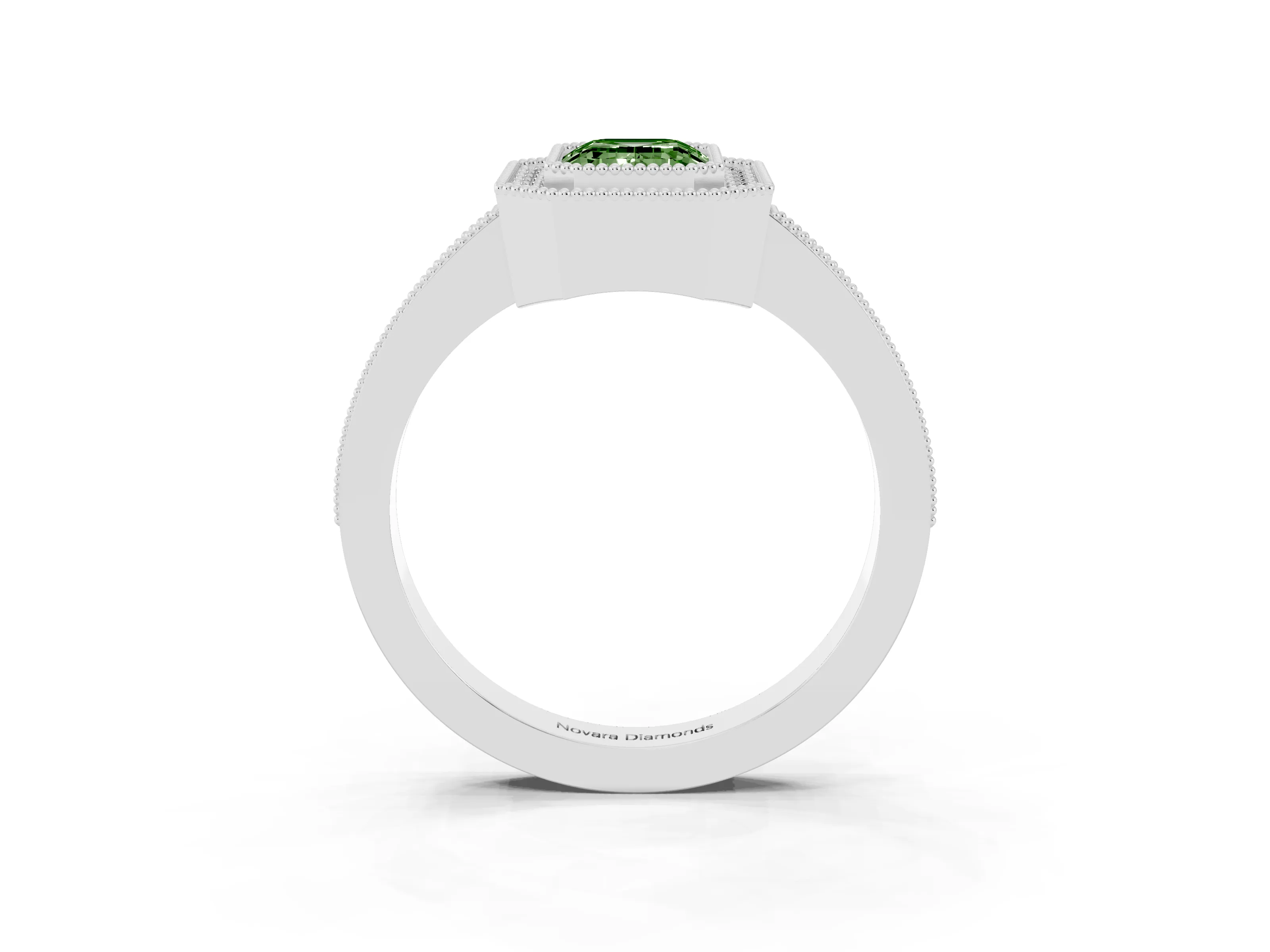 Fancy Green Emerald Cut Diamond Halo Engagement Ring Set in White gold with Pavé Band and Round Halo Stones