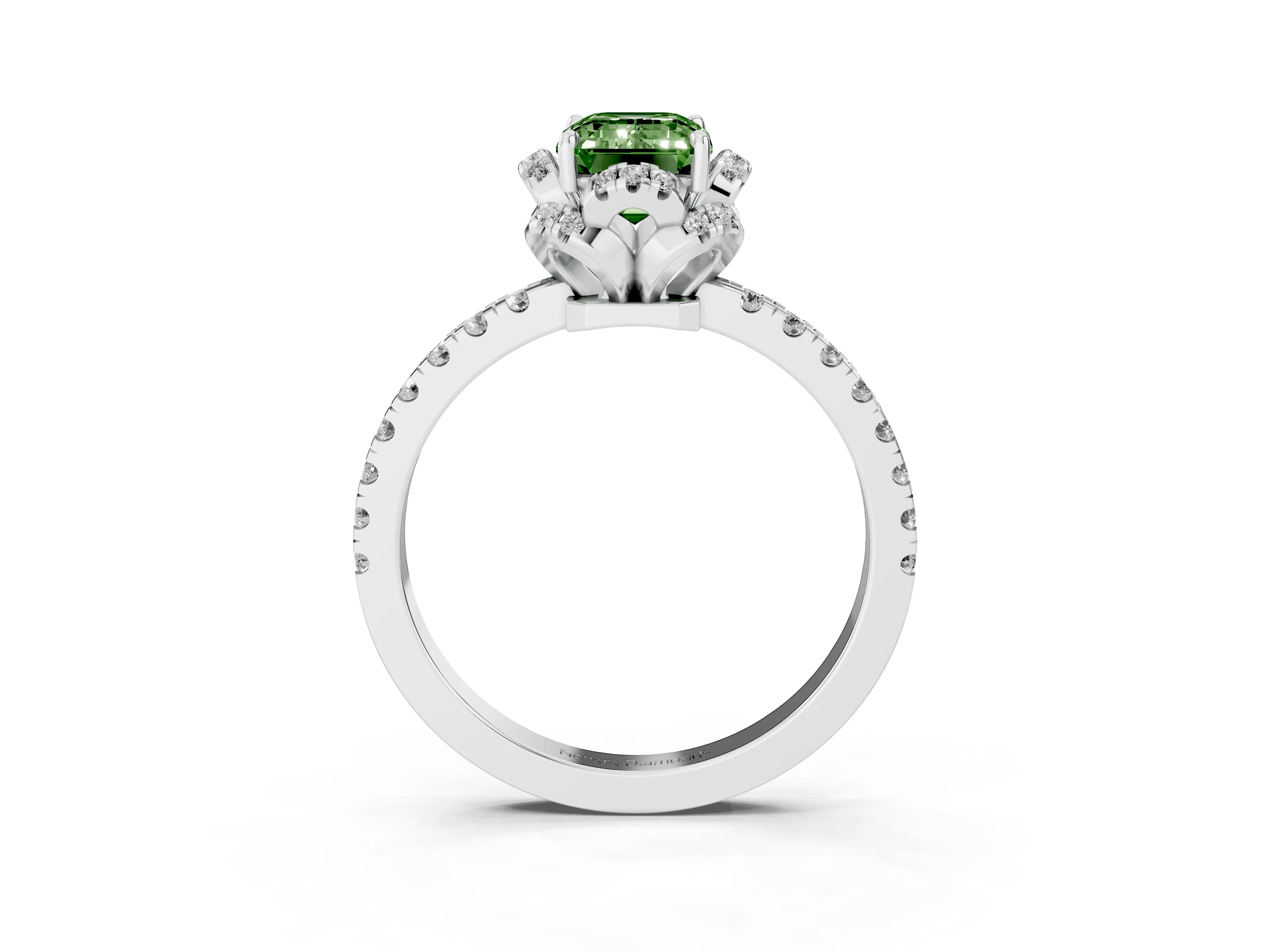 Fancy Green Emerald Cut Diamond Halo Pavé Band Ring Set in Platinum with Prong-Held Center