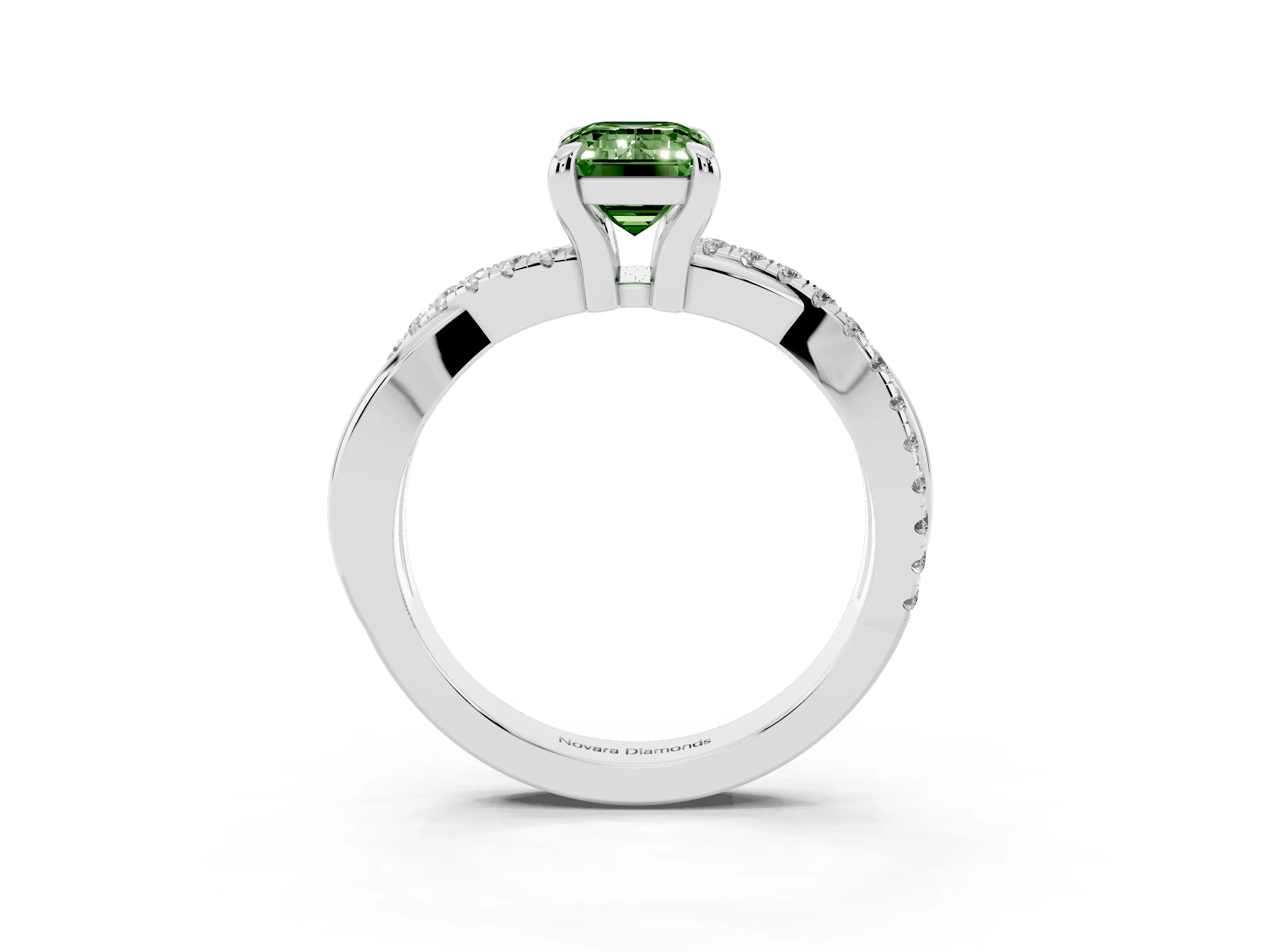 Fancy Green Emerald Cut Diamond Twist Band Solitaire Set in Platinum with Pavé Accents and Prong Setting