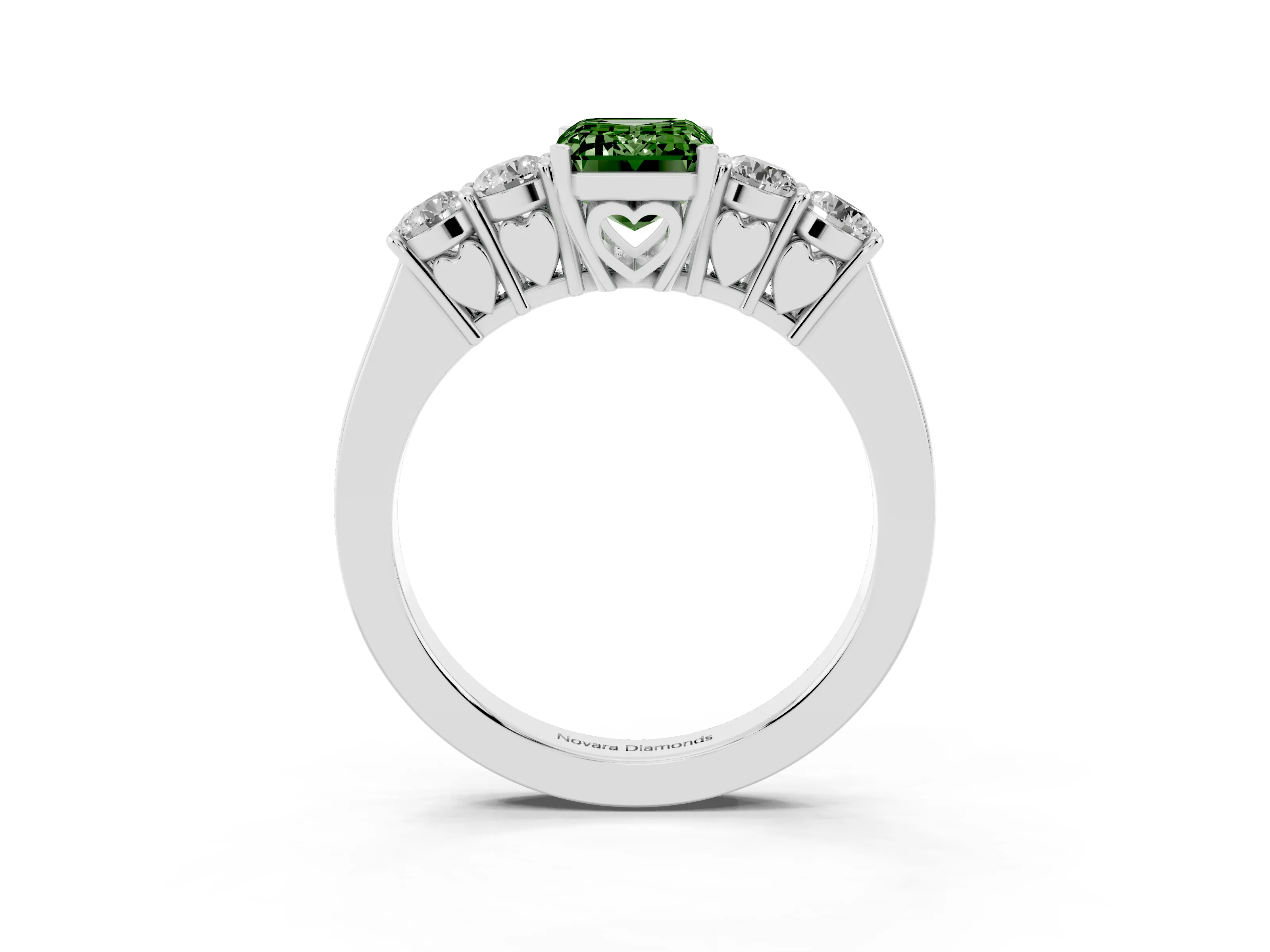 Fancy Green Emerald Cut Diamond Five-Stone Prong Set Band Ring Set in White gold with Polished Band