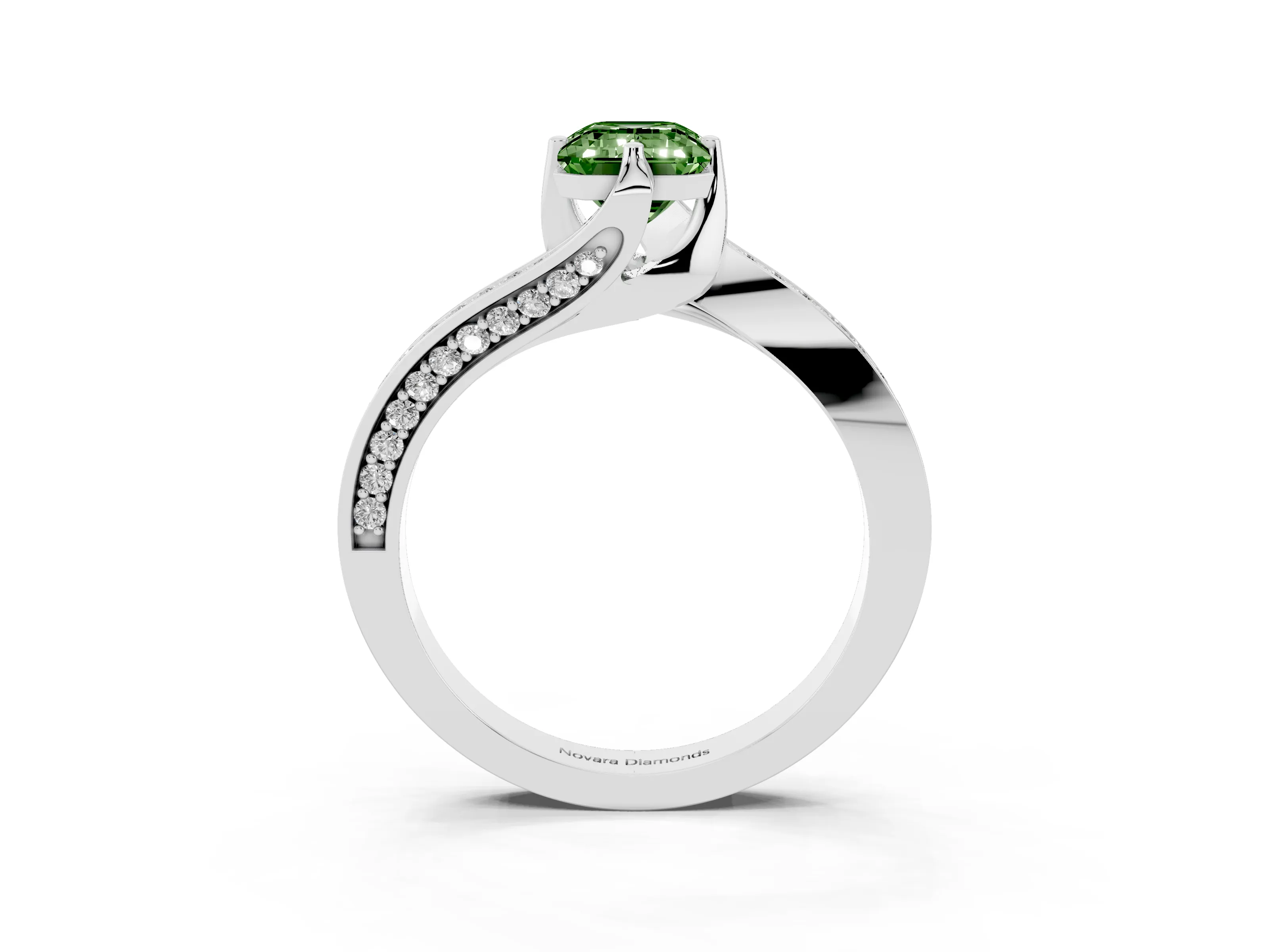 Fancy Green Emerald Cut Diamond Solitaire Ring Set in Platinum with Intertwined Pavé Twist Band