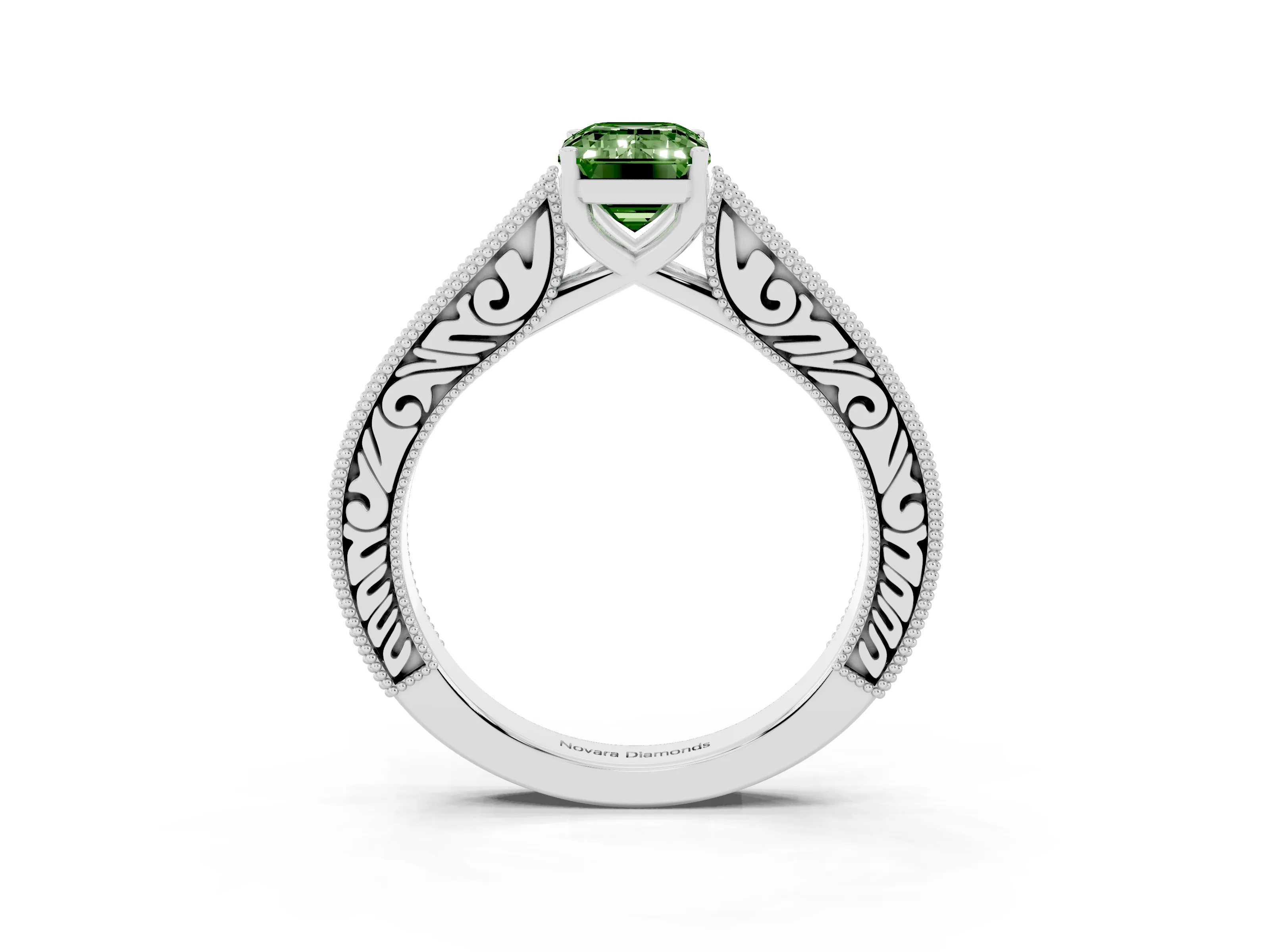 Fancy Green Emerald Cut Diamond Milgrain Pavé Band Solitaire Ring Set in Silver with Prong Setting