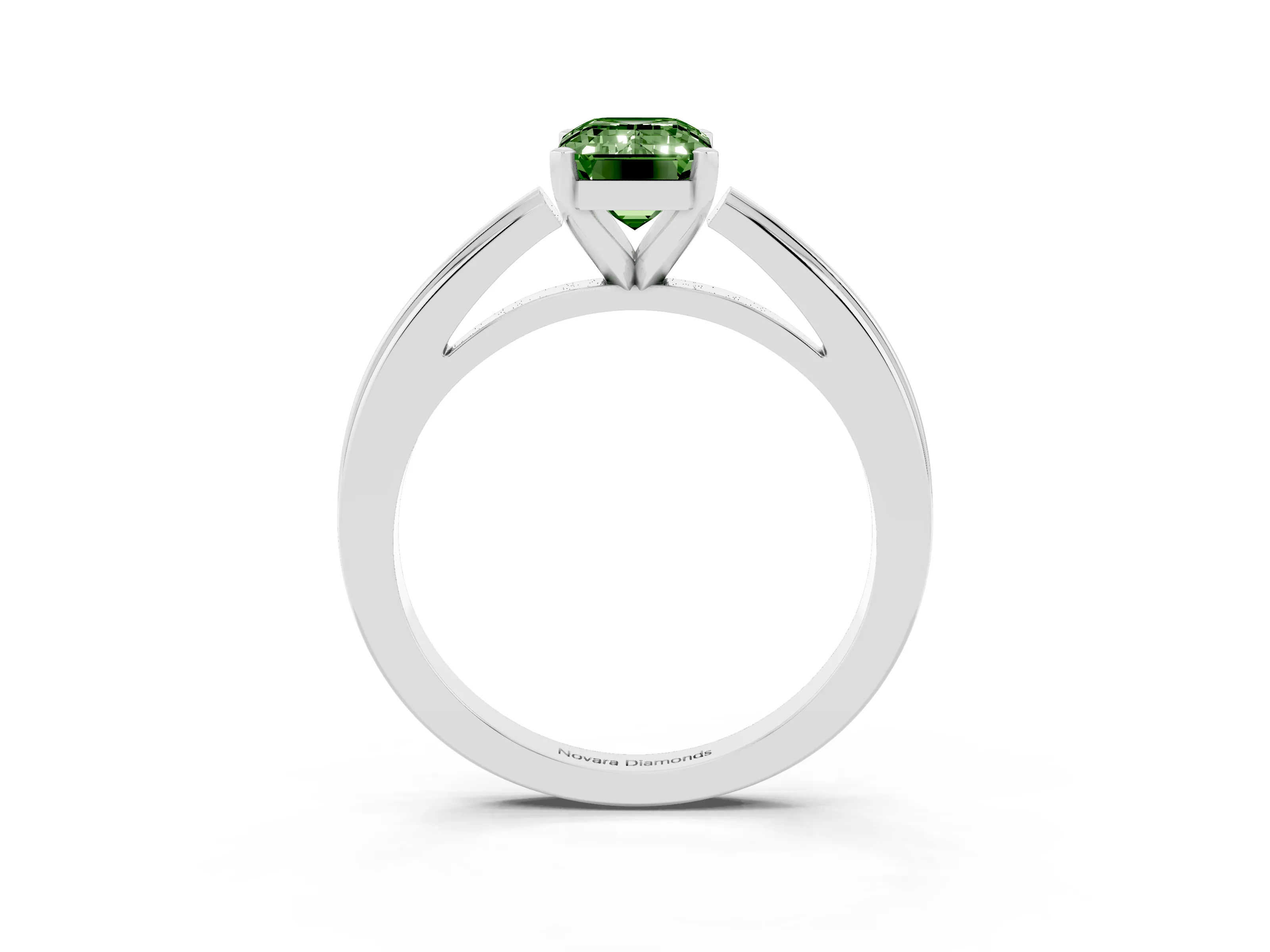Fancy Green Emerald Cut Diamond Solitaire Ring Set in Platinum with Prong Setting and Classic Band