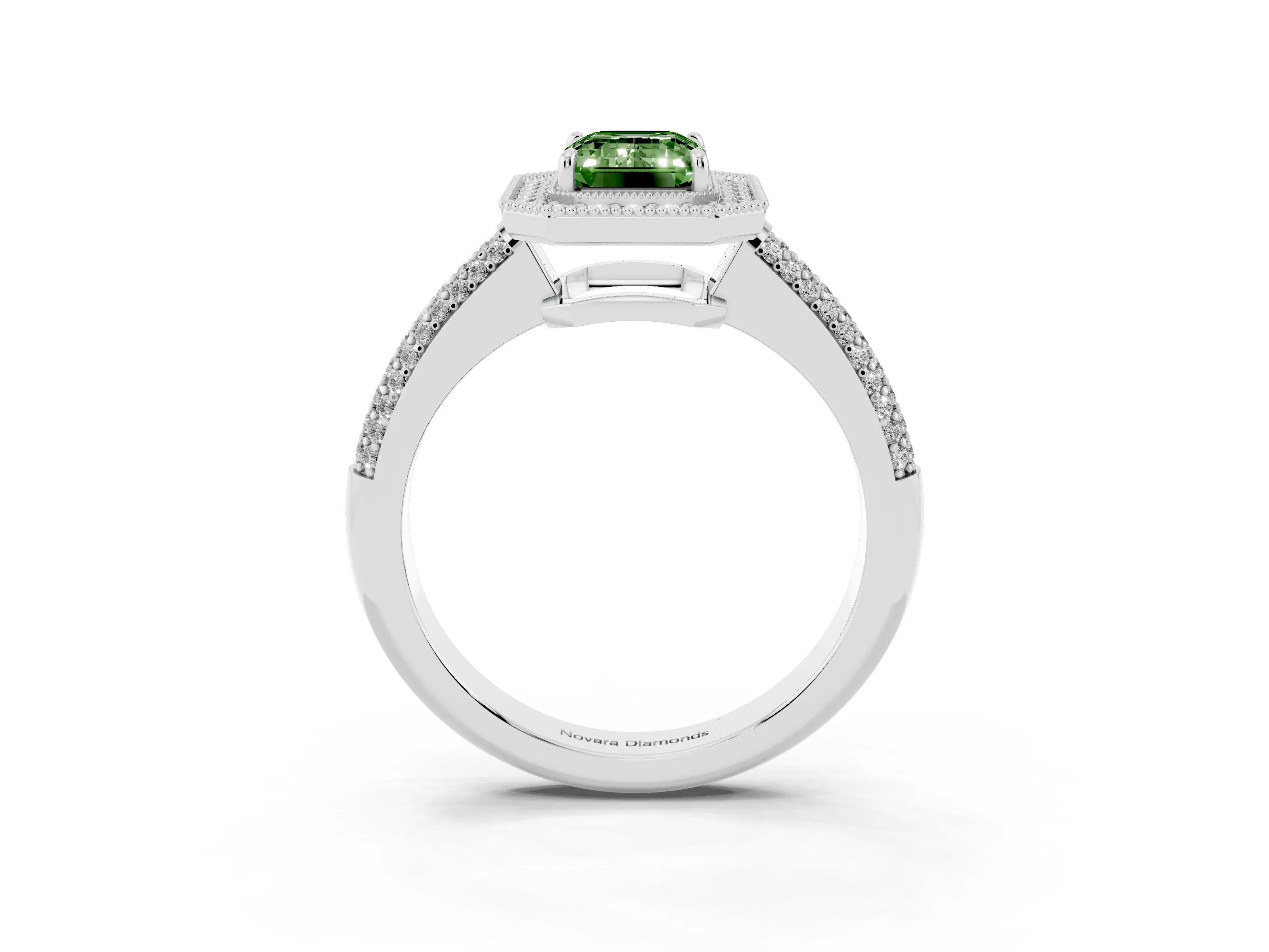 Fancy Green Emerald Cut Diamond Halo Pavé Band Set in Platinum with Prong Setting