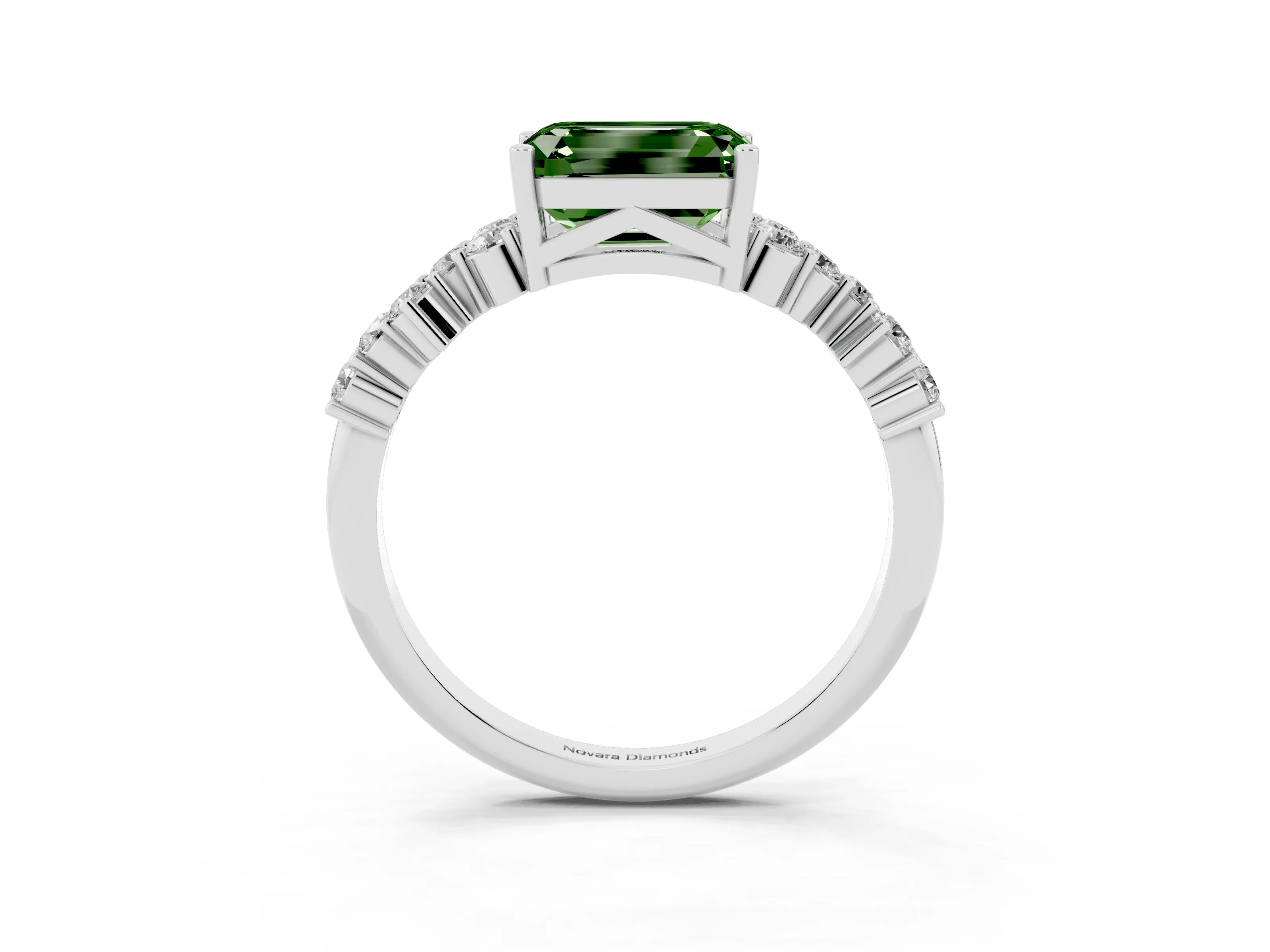 Fancy Green Emerald Cut Diamond Ring Set in Silver with Scattered Round Accents