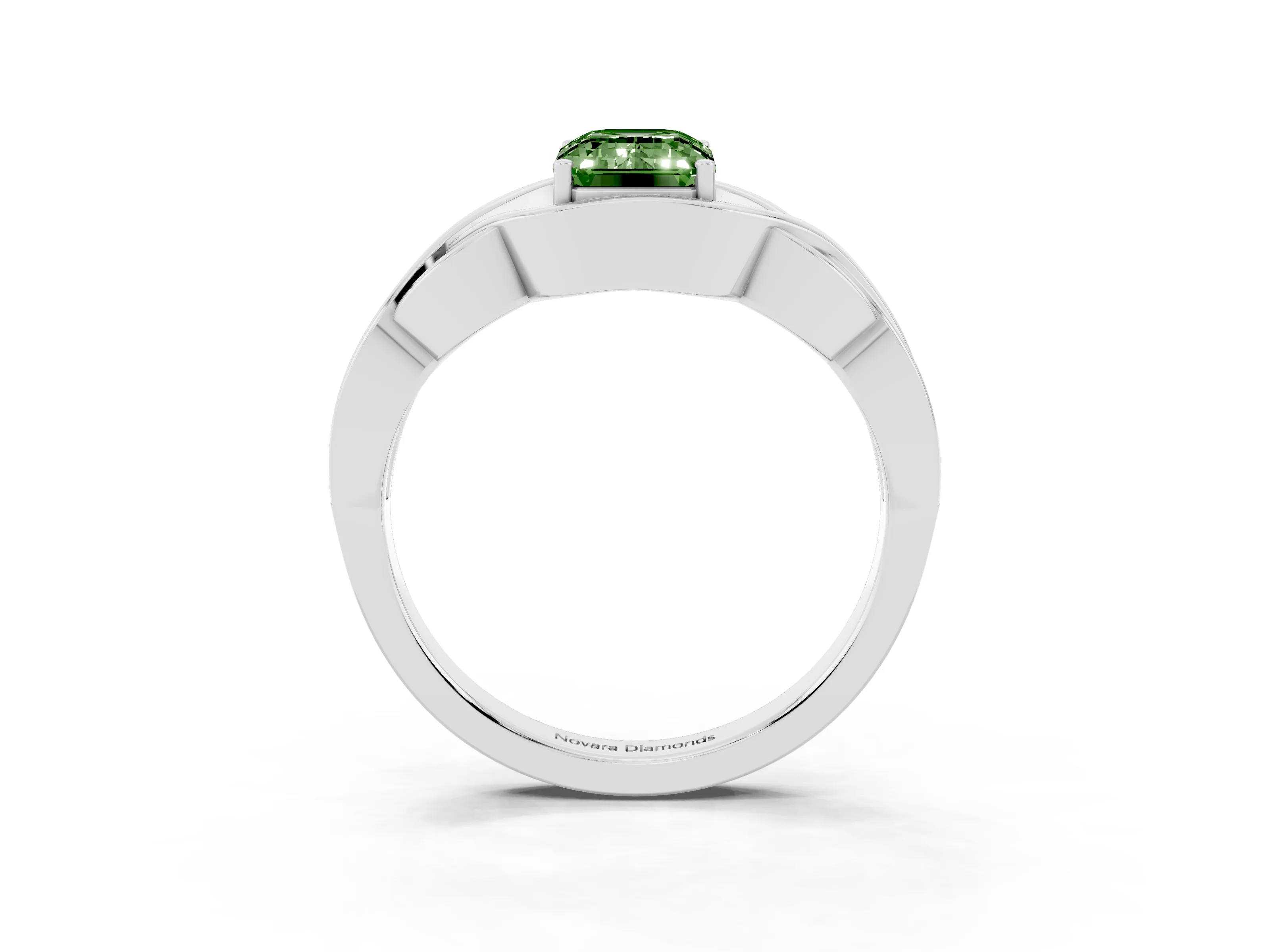 Fancy Green Emerald Cut Diamond Solitaire Ring Set in Platinum with Intertwined Band