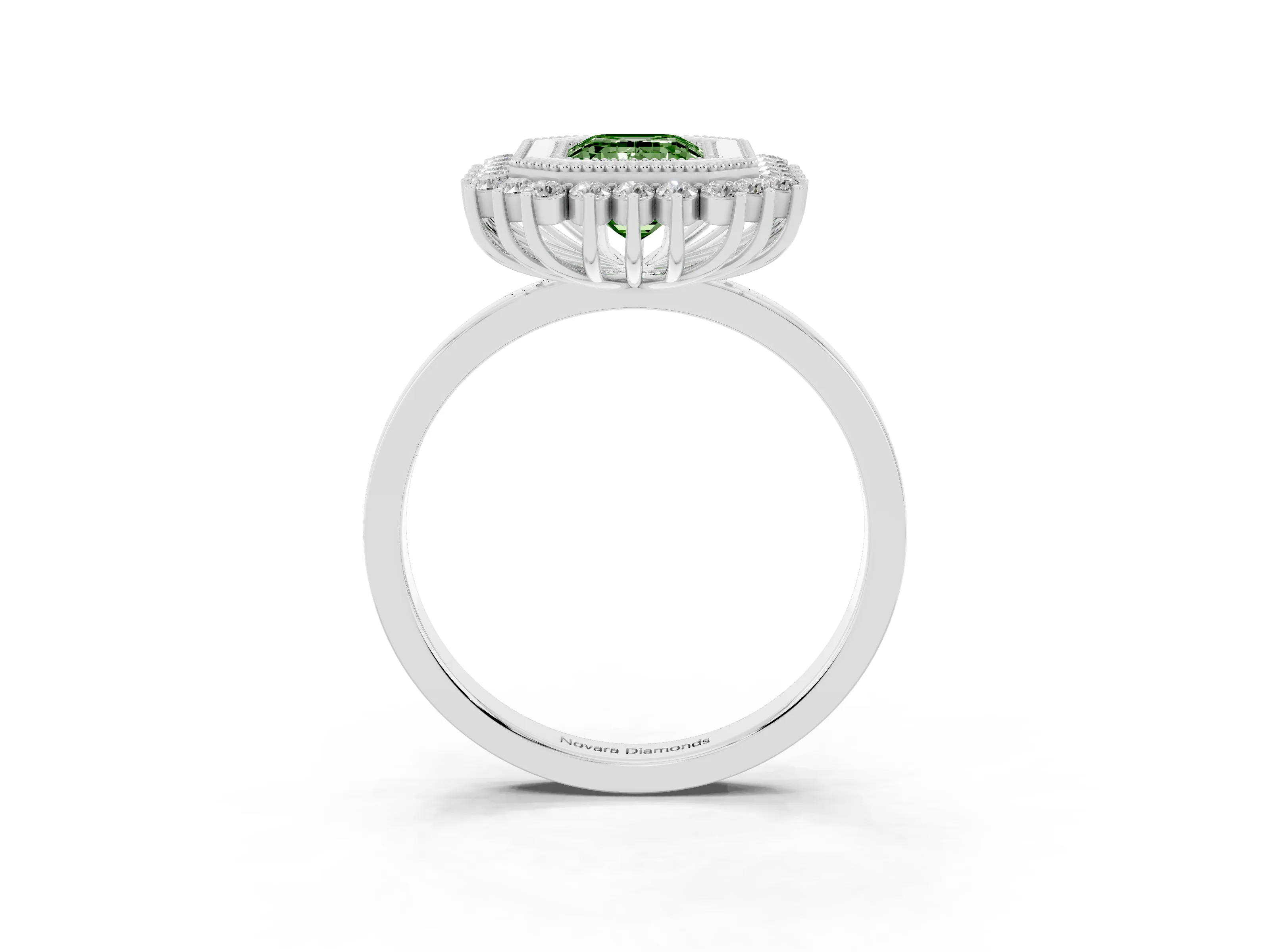 Fancy Green Emerald Cut Diamond Halo Ring Set in Silver with Milgrain Edge and Round Prong Setting