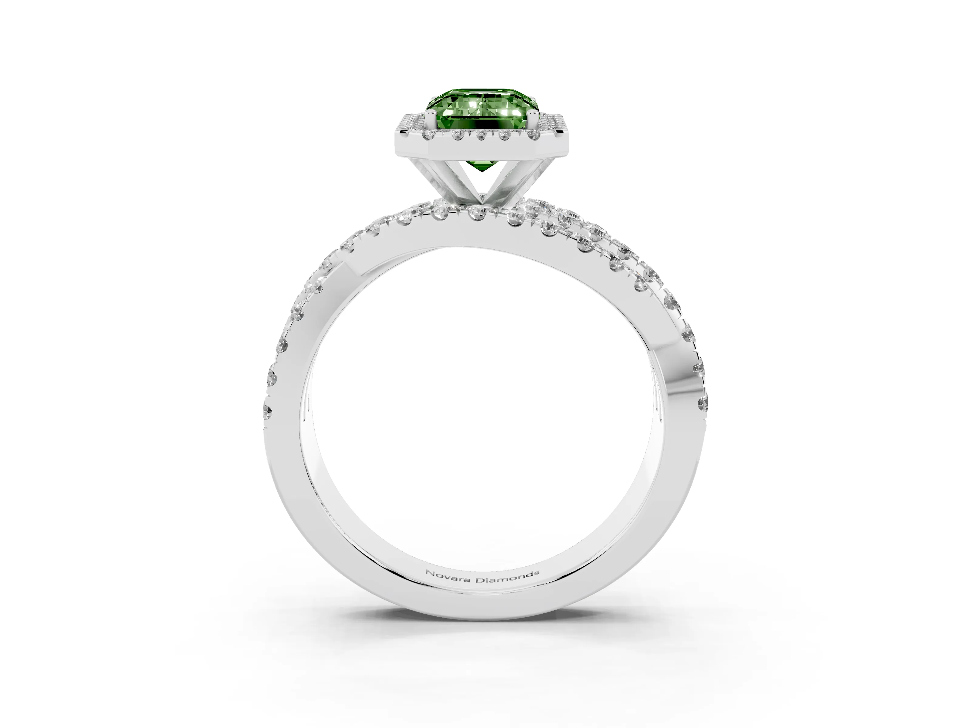 Fancy Green Emerald Cut Diamond Halo Ring Set in Silver with Round Crossover Split Shank and Prong Setting