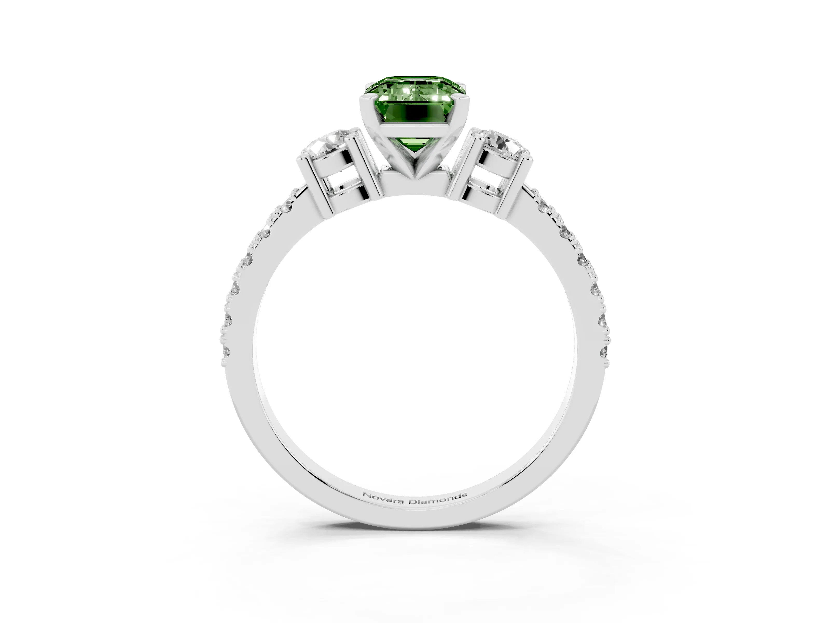 Fancy Green Three-Stone Emerald Cut Diamond Pavé Band Ring Set in White gold with Prong Setting