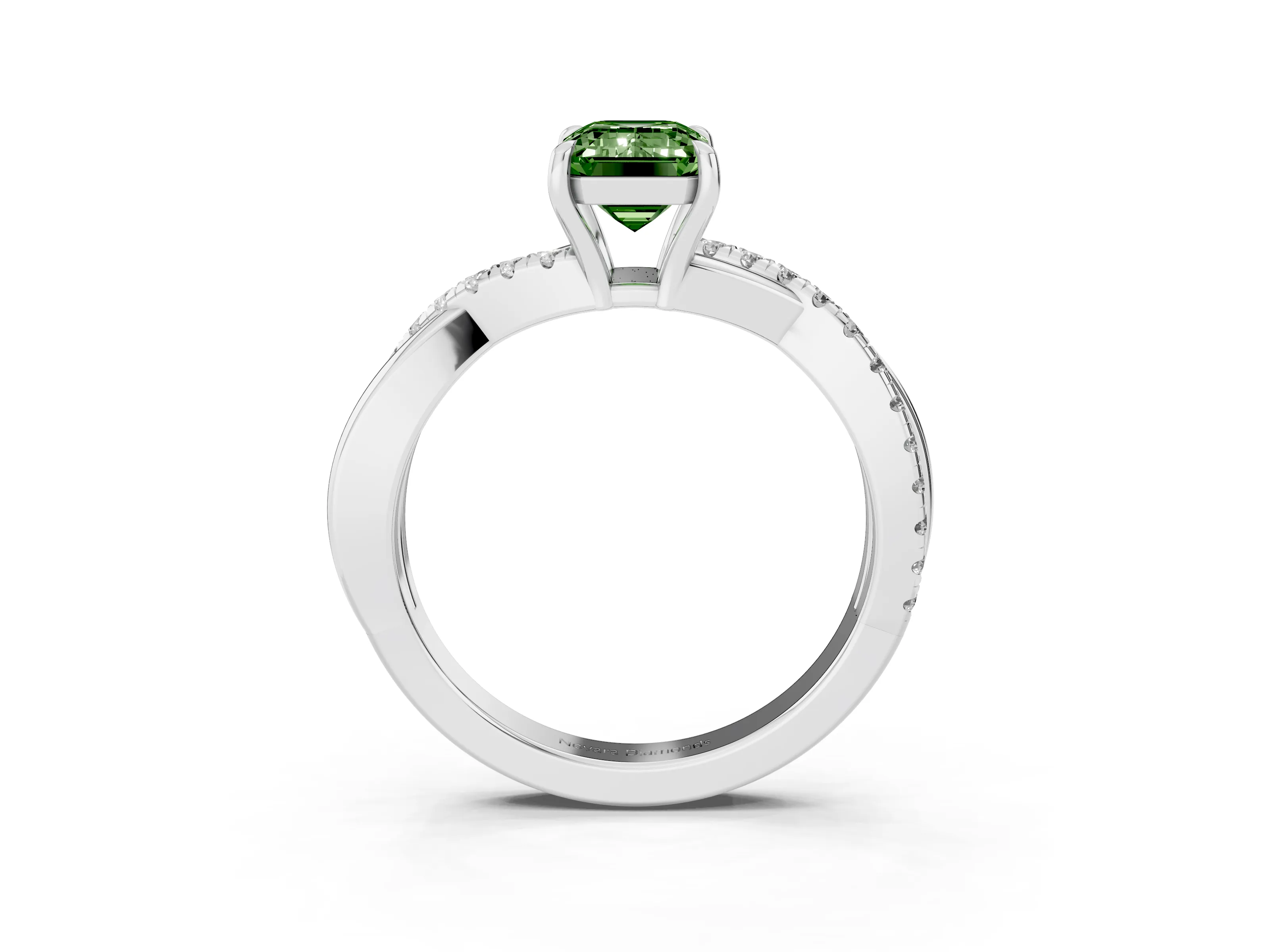 Fancy Green Emerald Cut Diamond Twisted Pavé Band Ring Set in Silver with Prong Setting