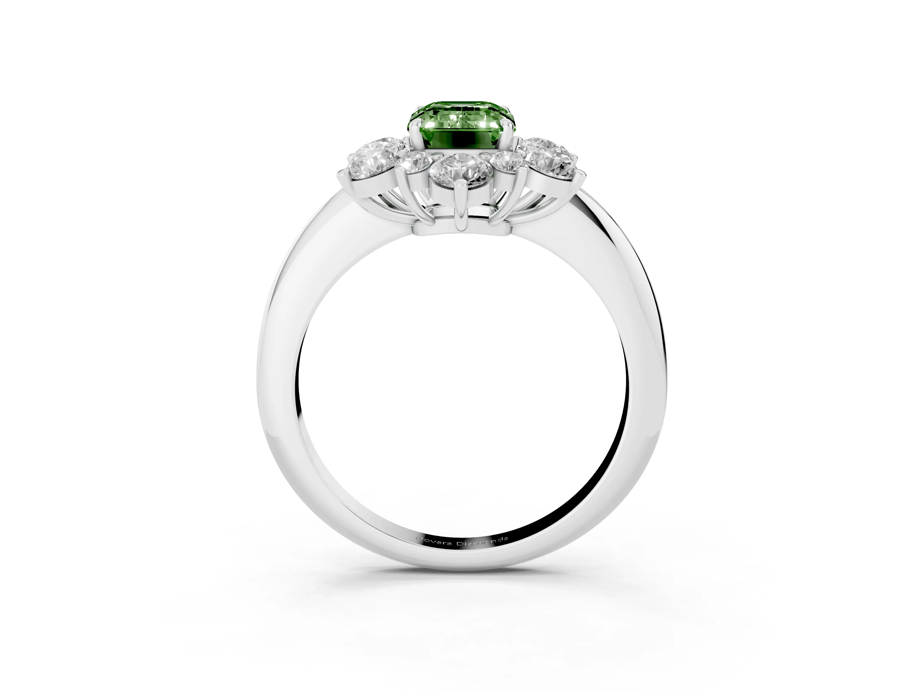 Fancy Green Emerald Cut Diamond Cluster Halo Ring Set in White gold with Solitaire Band and Prong Setting