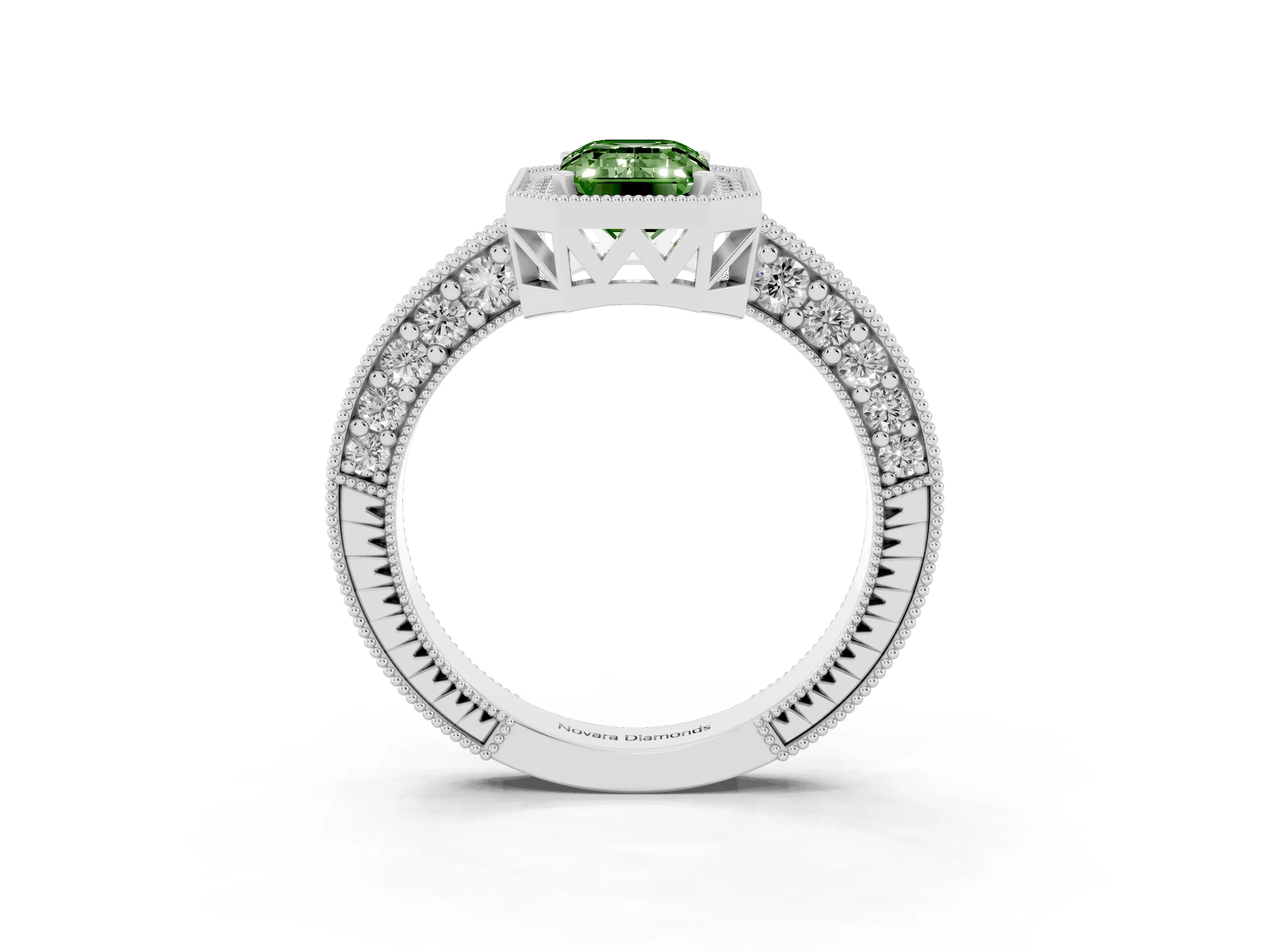 Fancy Green Emerald Cut Diamond Halo Pavé Band Ring Set in Platinum with Prong-Set Center
