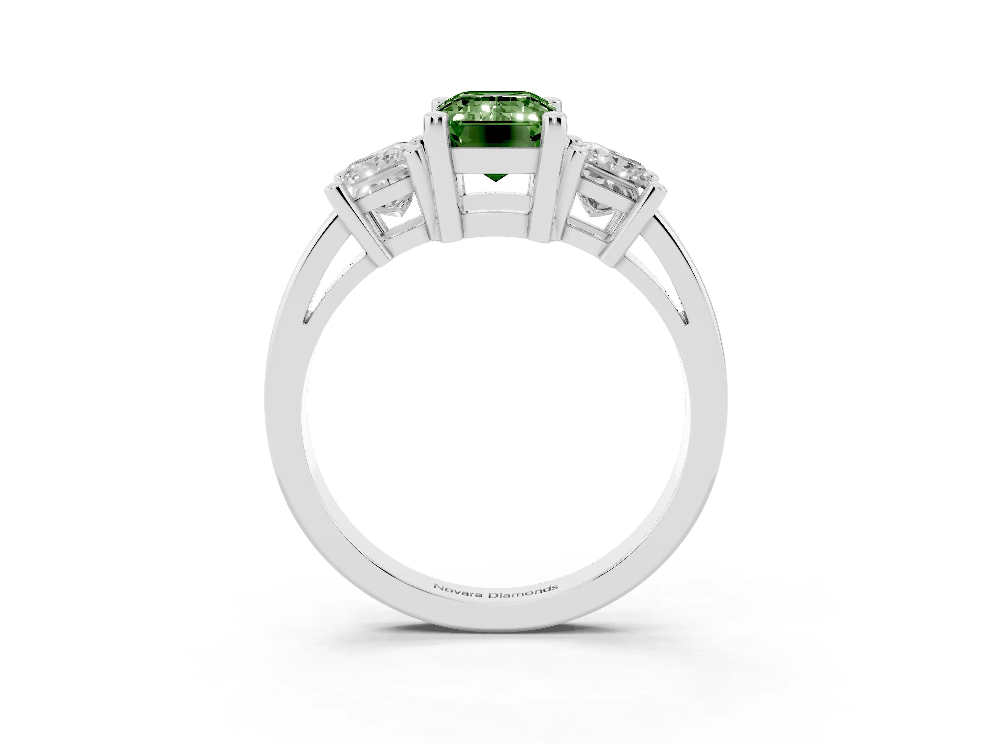 Fancy Green Three-Stone Emerald Cut Diamond Solitaire Ring Set in Platinum with Prong Setting