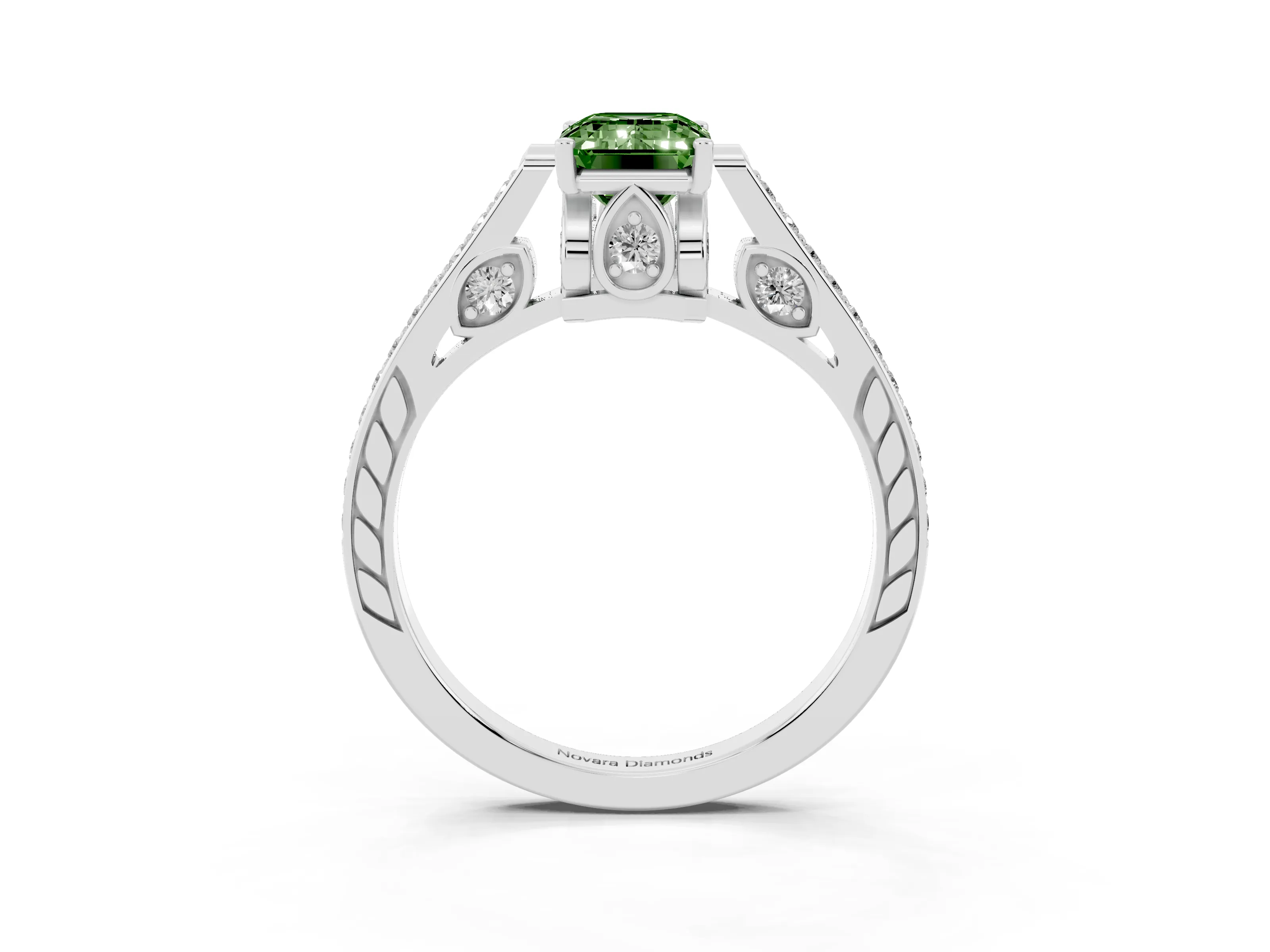 Fancy Green Emerald Cut Diamond Cathedral Pavé Engagement Ring Set in Silver with Prong Setting