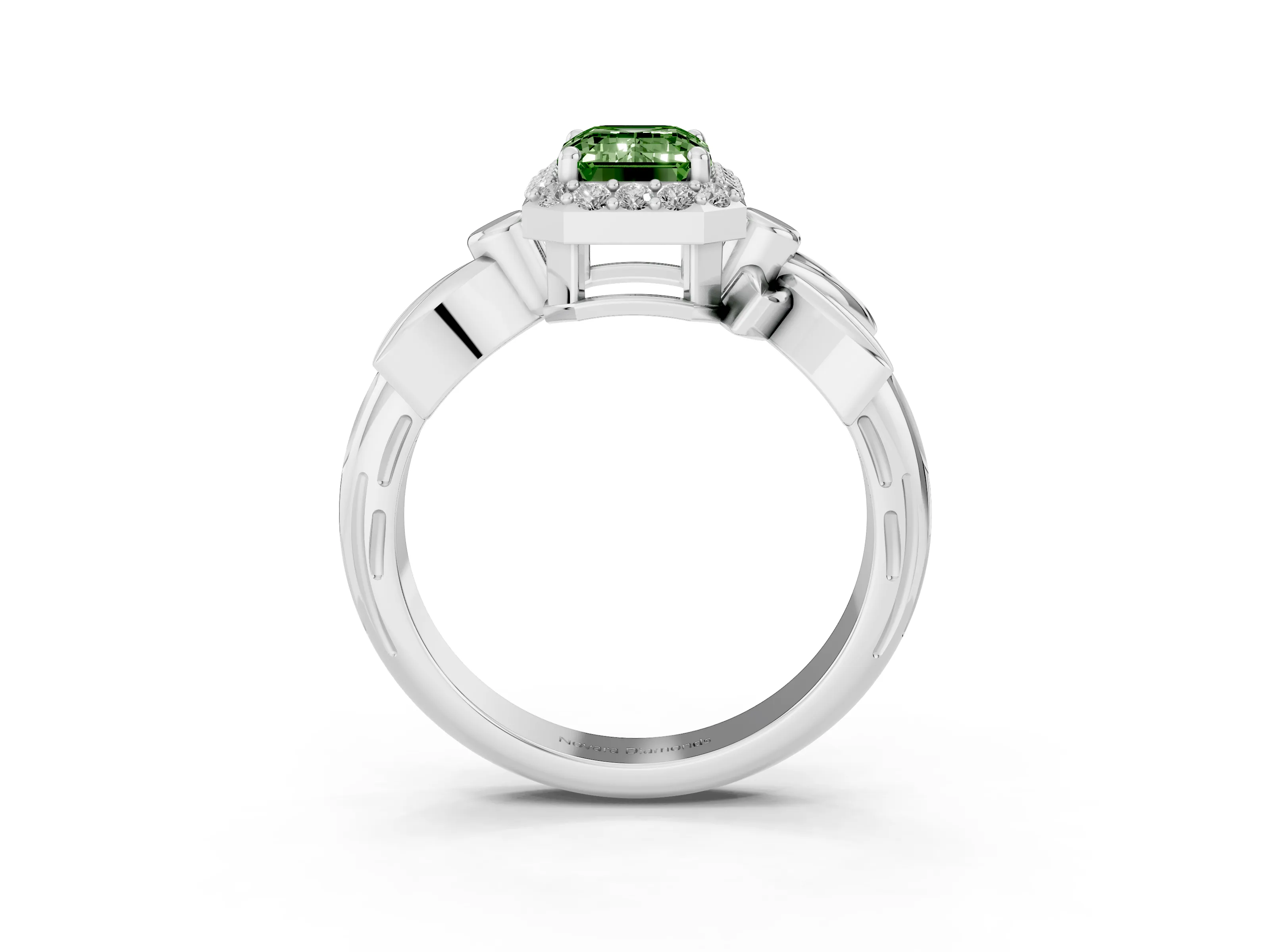 Fancy Green Emerald Cut Diamond Halo Floral Band Ring Set in White gold with Prong Setting