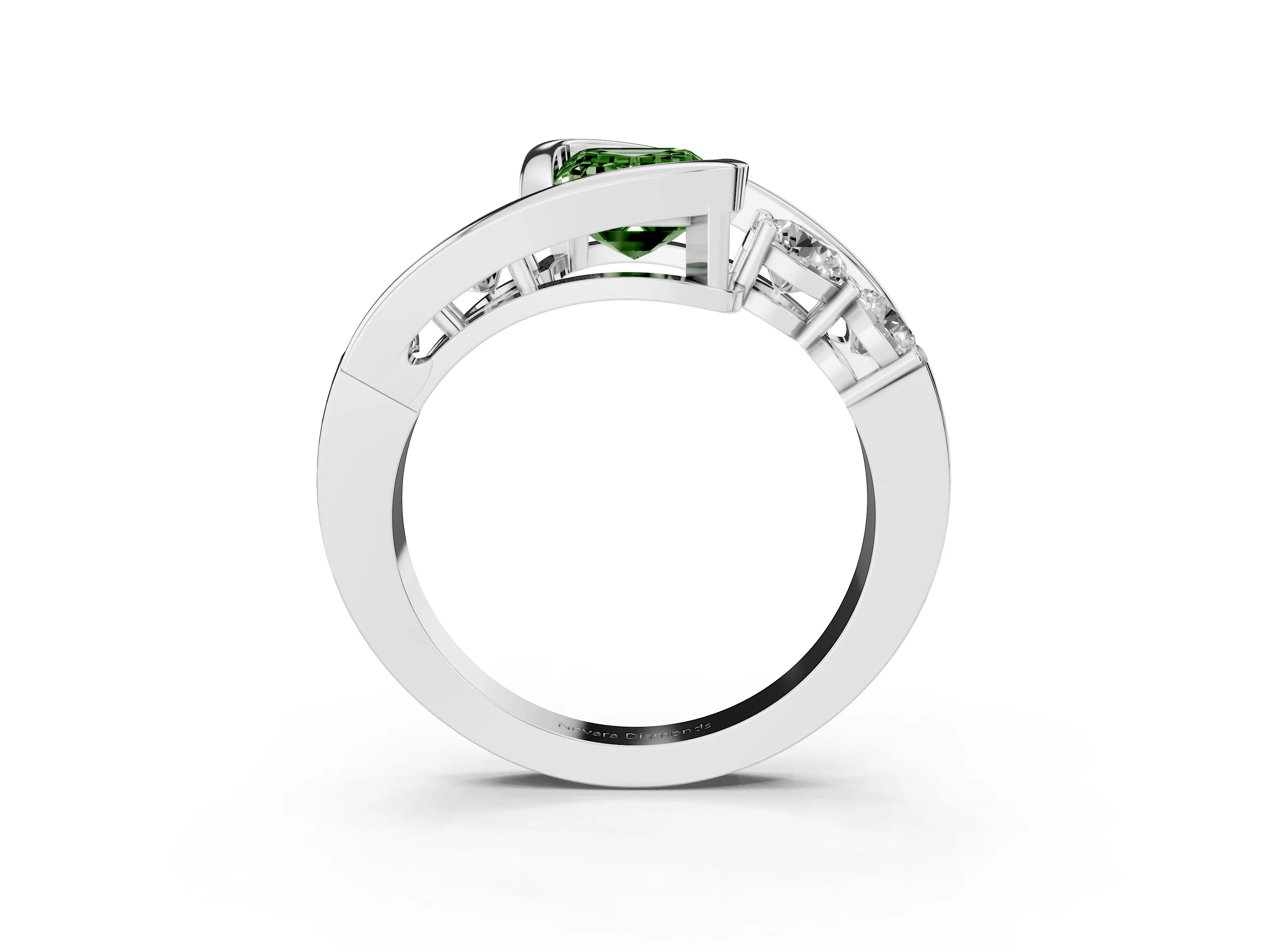 Fancy Green Emerald Cut Diamond Bezel Bypass Ring Set in Silver with Round Accents