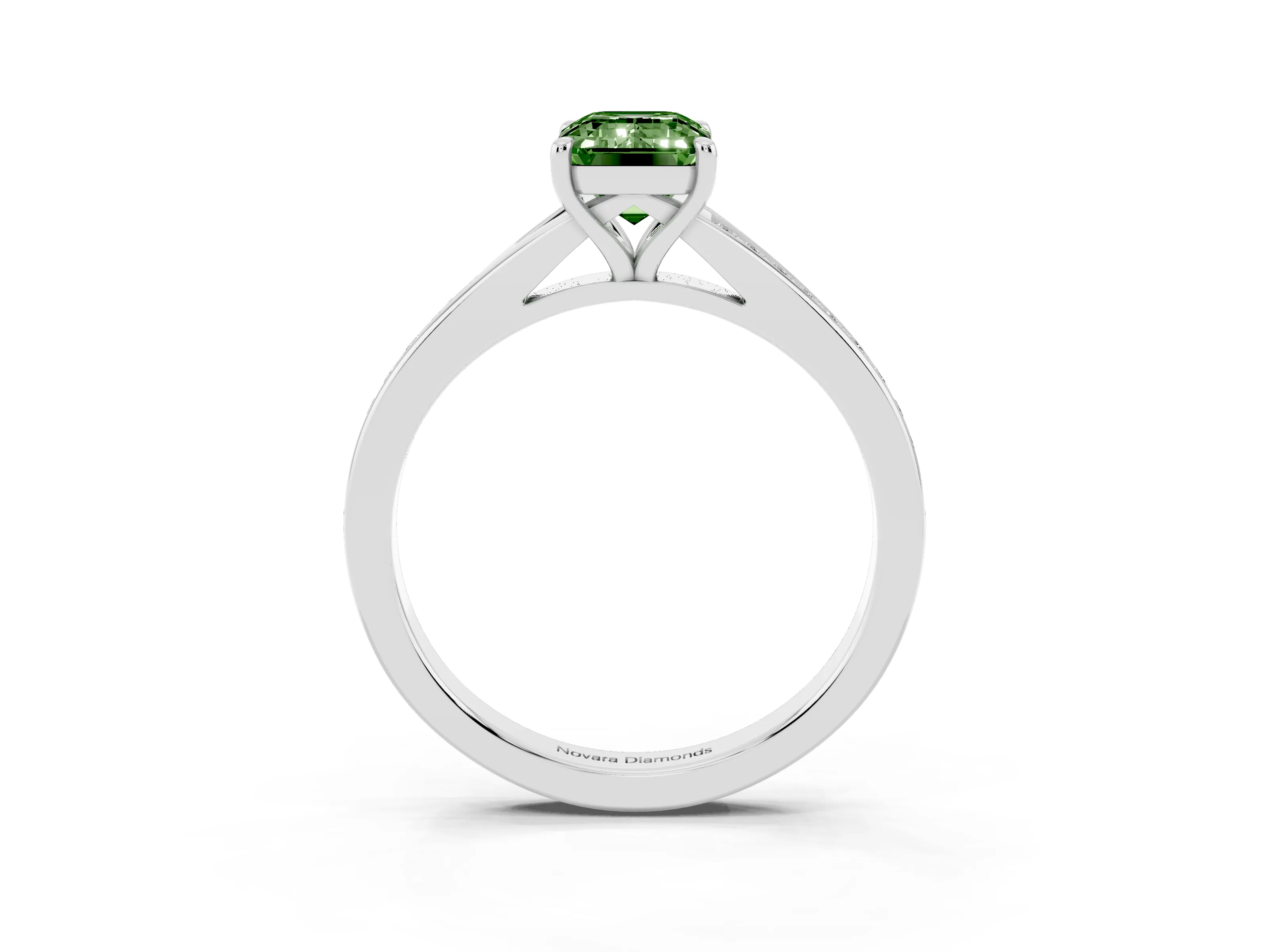 Fancy Green Emerald Cut Diamond Solitaire Ring Set in Silver with Pavé Accent Band and Classic Prong Setting