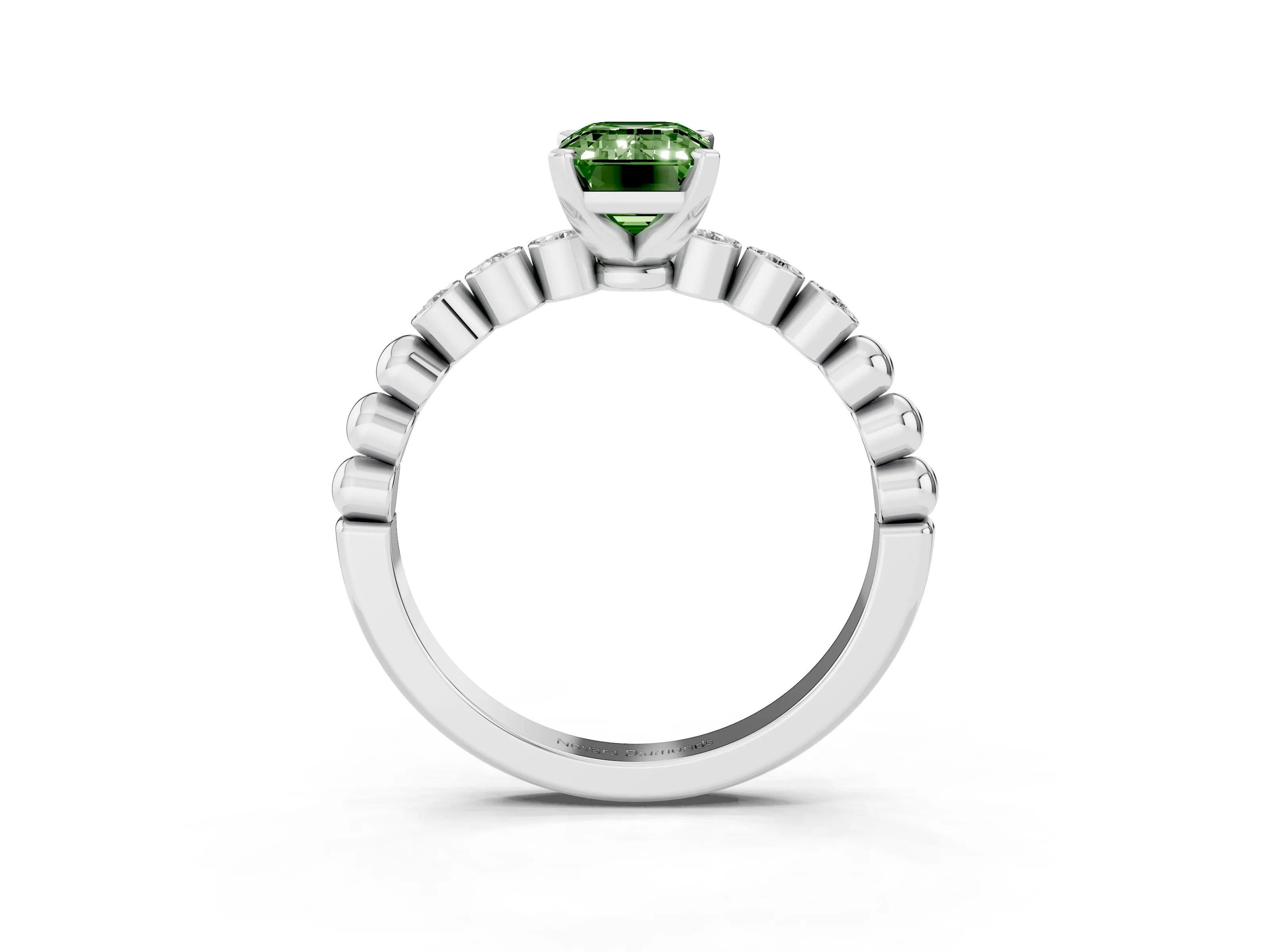 Fancy Green Emerald Cut Diamond Solitaire Engagement Ring Set in Platinum with Bezel Accents on Beaded Band
