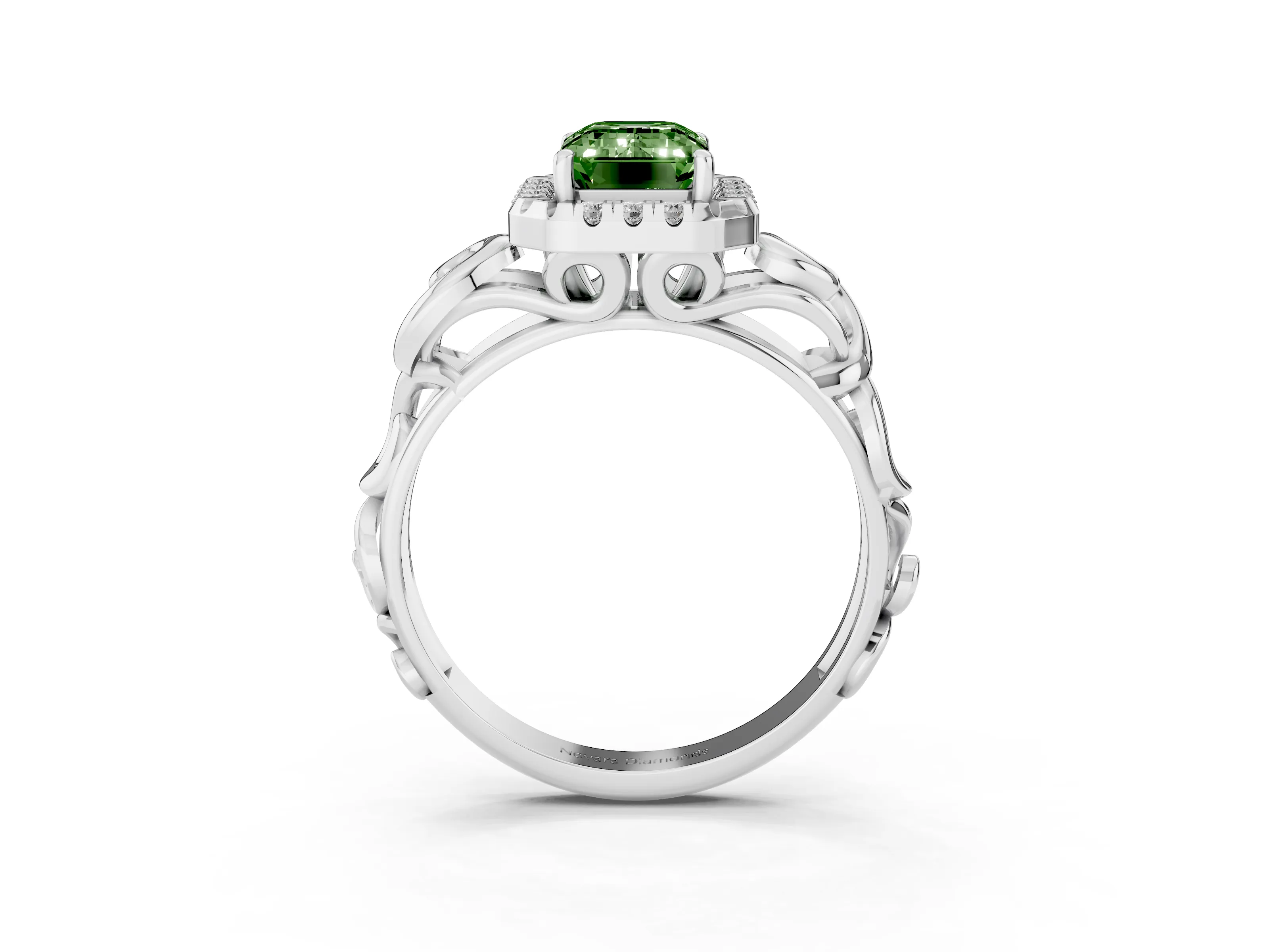 Fancy Green Emerald Cut Diamond Halo Ring Set in Platinum with Scrollwork Band and Prong Setting
