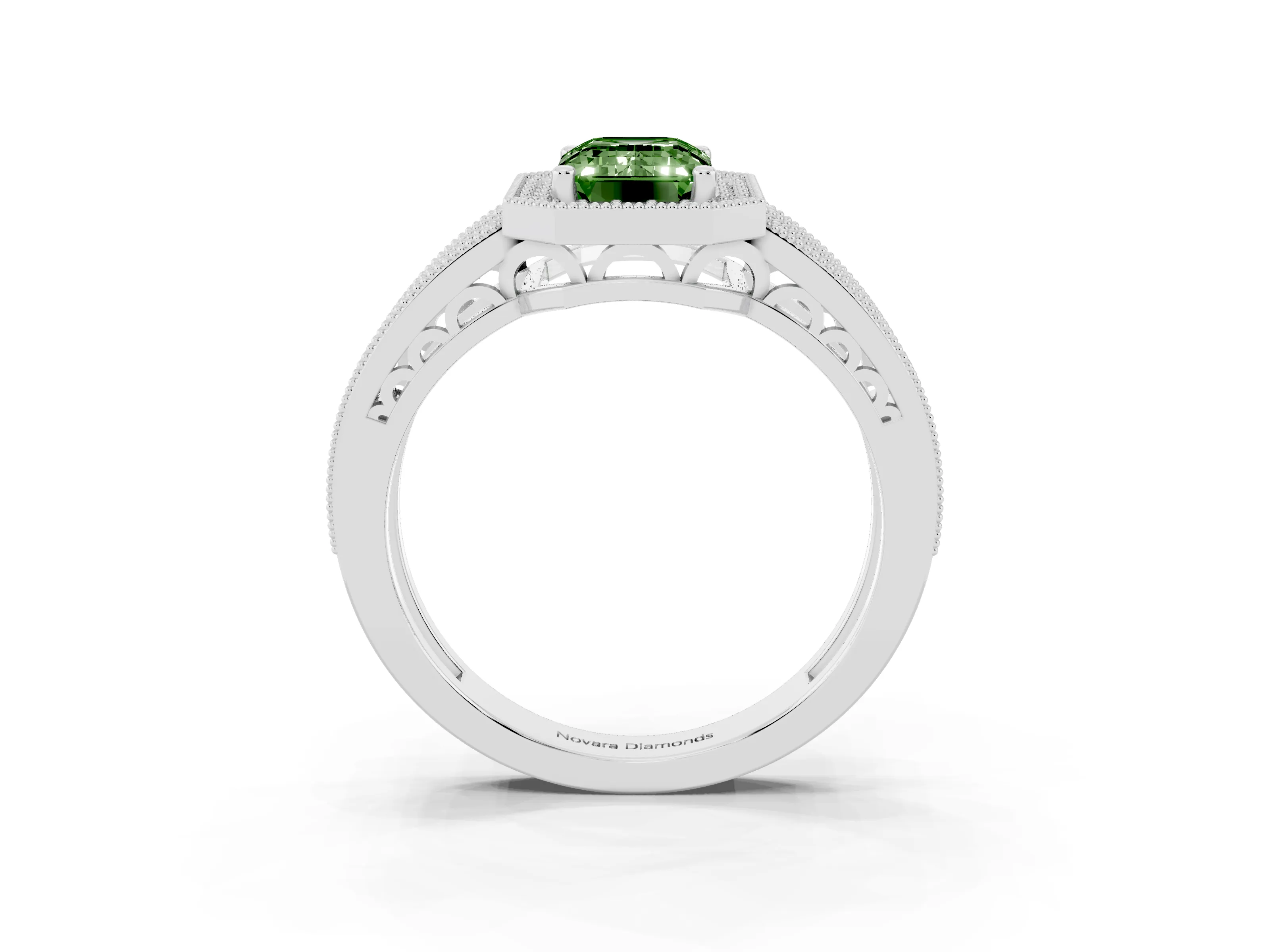Fancy Green Emerald Cut Diamond Halo Ring Set in Silver with Accent Split Shank and Prong Setting