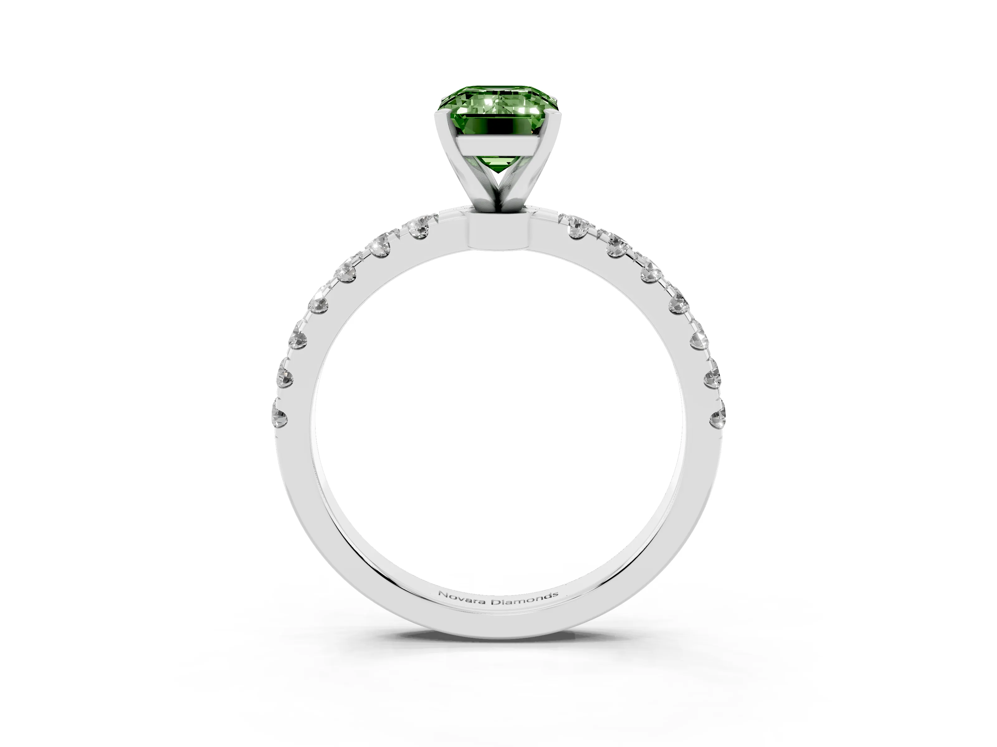 Fancy Green Emerald Cut Diamond Solitaire Ring Set in Platinum with Pavé Accents and Prong Setting