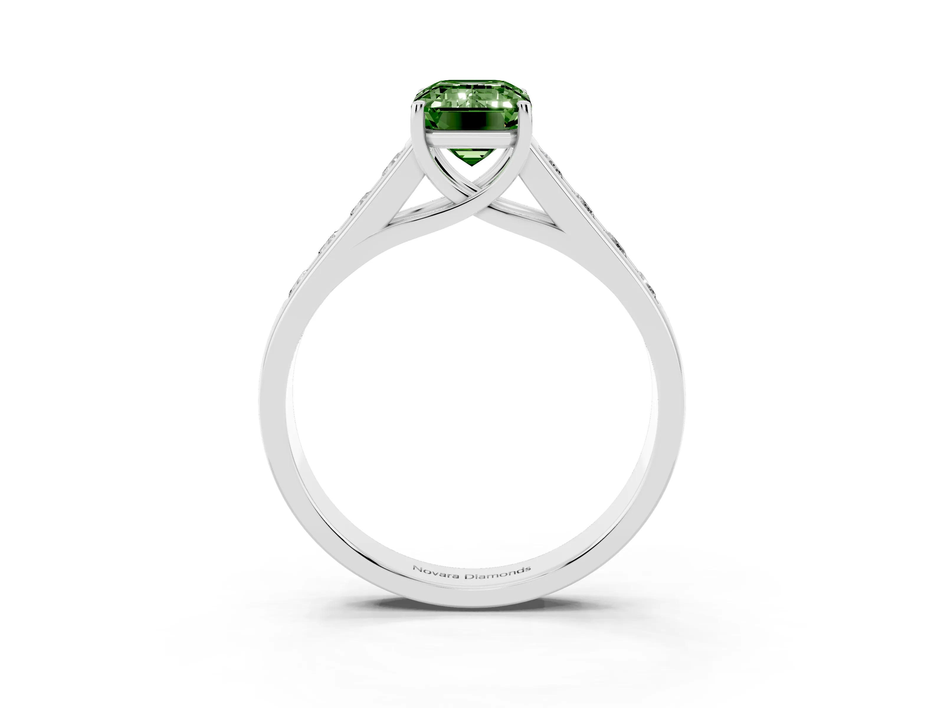 Fancy Green Emerald Cut Diamond Brilliant Channel-Set Solitaire Ring Set in Silver with Prong Setting