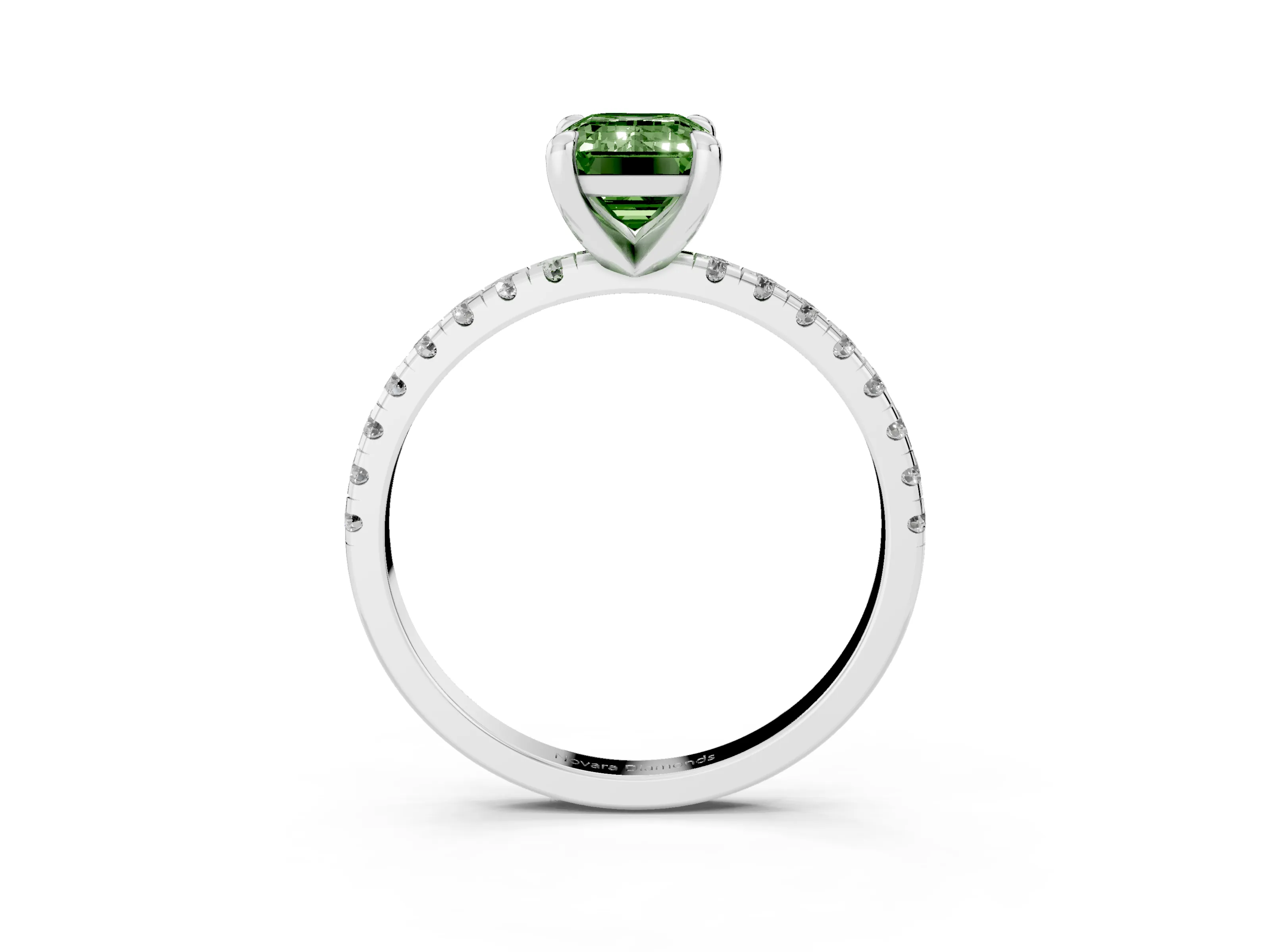 Fancy Green Emerald Cut Diamond Brilliant Solitaire Ring Set in White gold with Pavé Band and Prong Setting