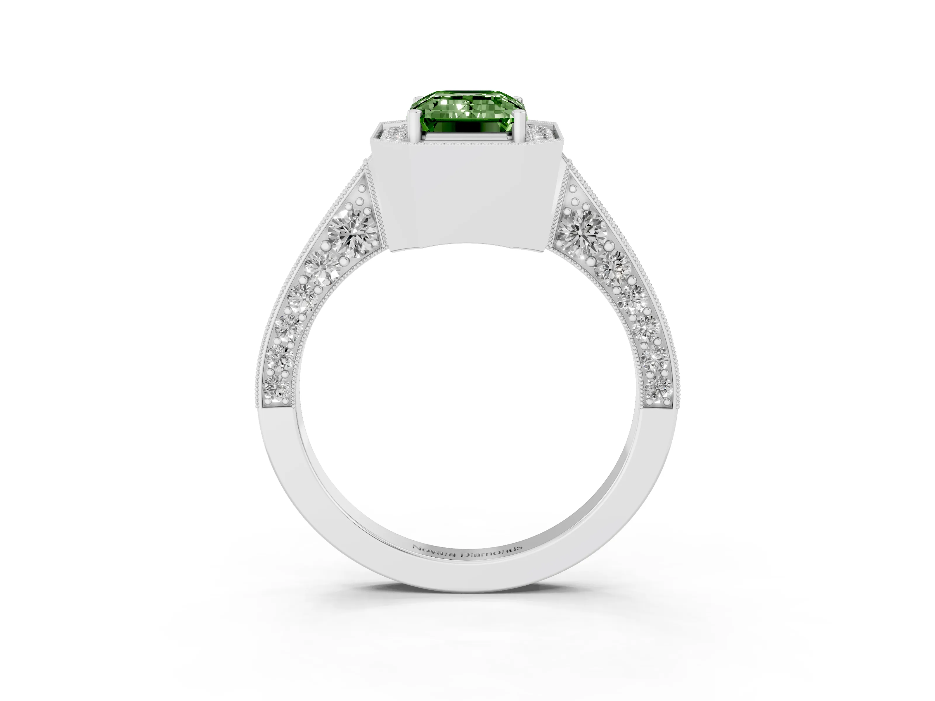 Fancy Green Emerald Cut Diamond Halo Engagement Ring Set in Platinum with Accent Split Shank Band
