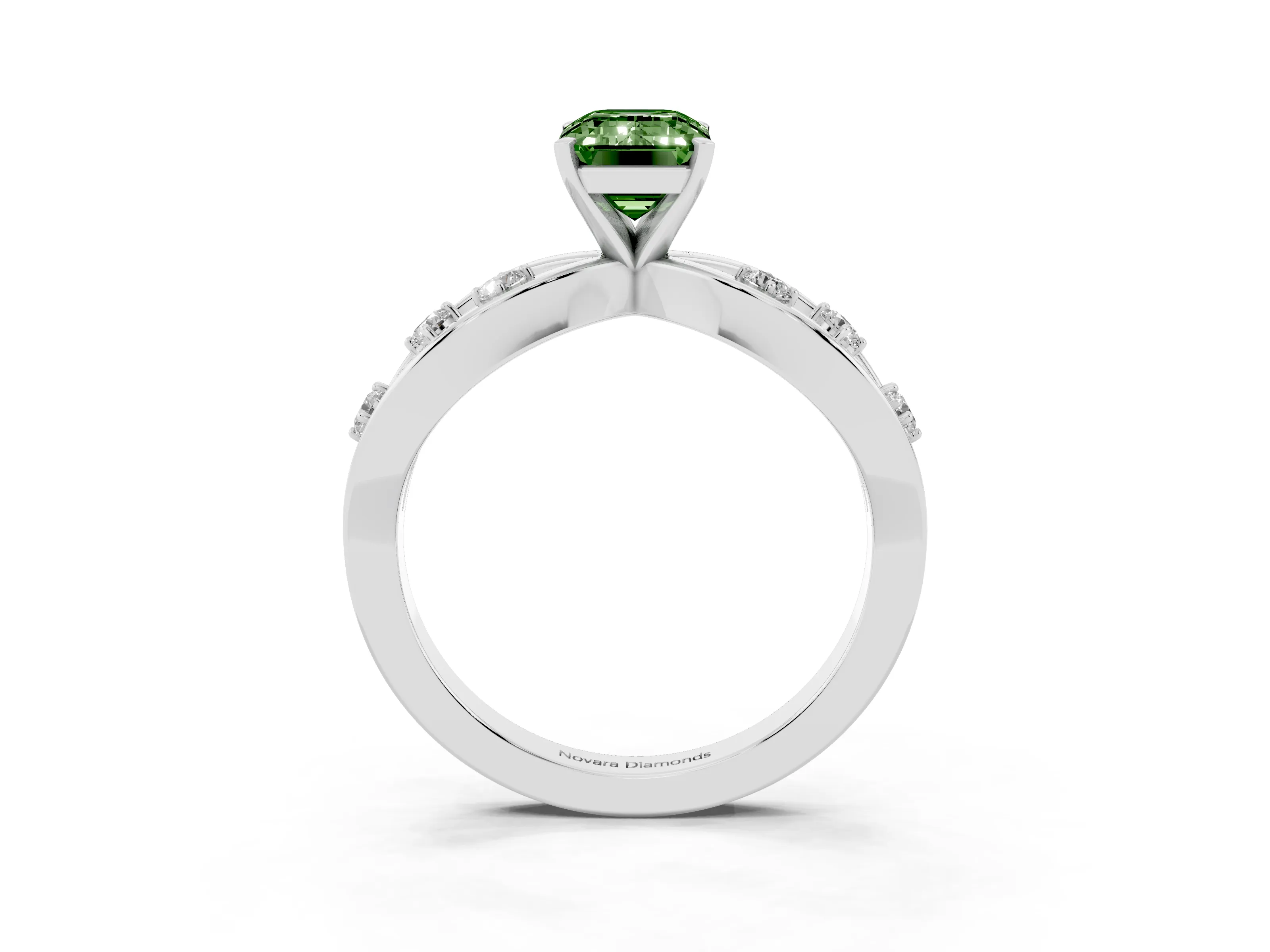 Fancy Green Emerald Cut Diamond Solitaire Ring Set in Platinum with Side Stones on Criss-Cross Band and Prong Setting