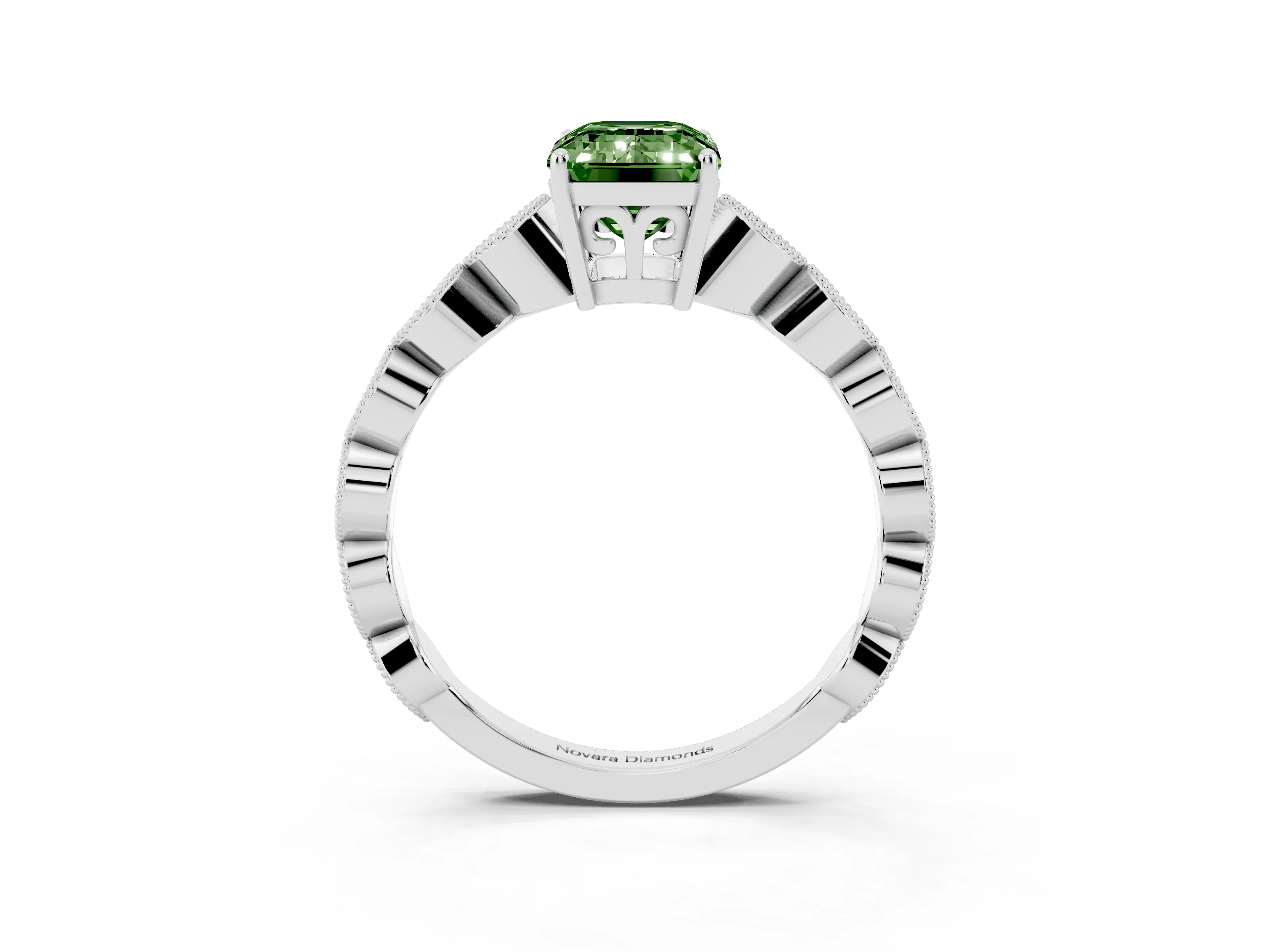 Fancy Green Emerald Cut Diamond Solitaire Ring Set in Platinum with Infinity Twist Pavé Band