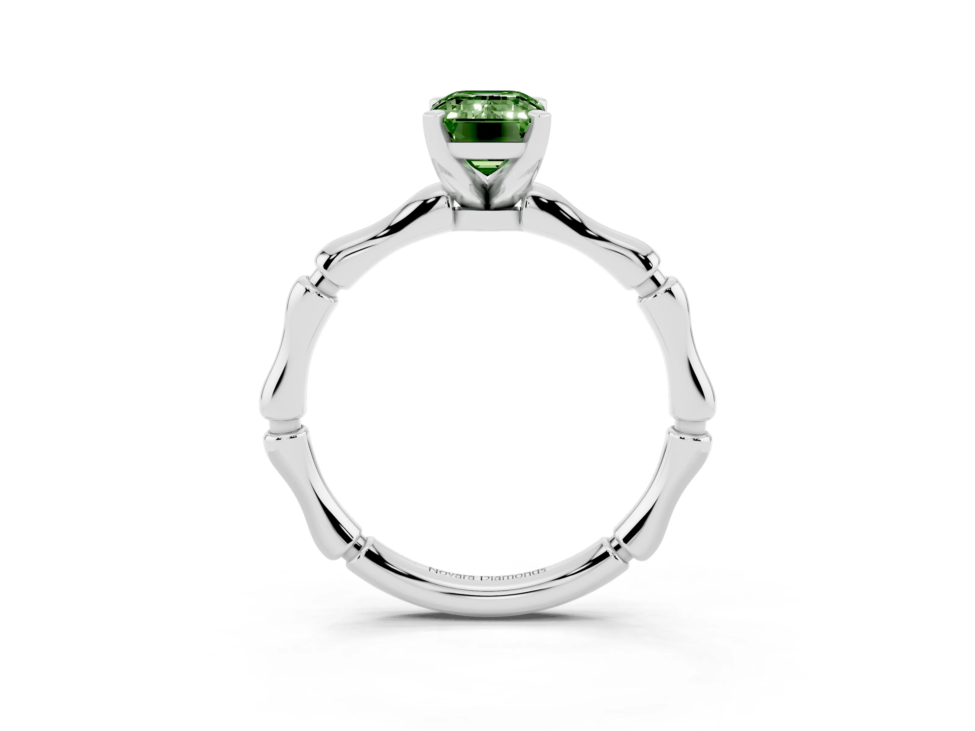 Fancy Green Emerald Cut Diamond Solitaire Ring Set in Platinum with Bamboo Band and Prong Setting