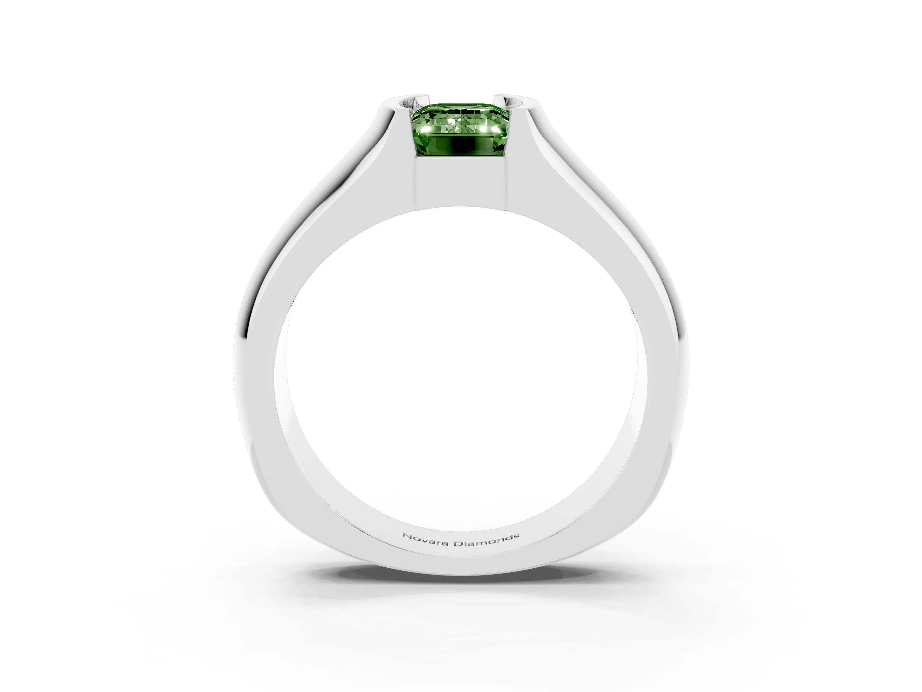 Fancy Green Emerald Cut Diamond Bezel Solitaire Ring Set in Silver with Wide Band