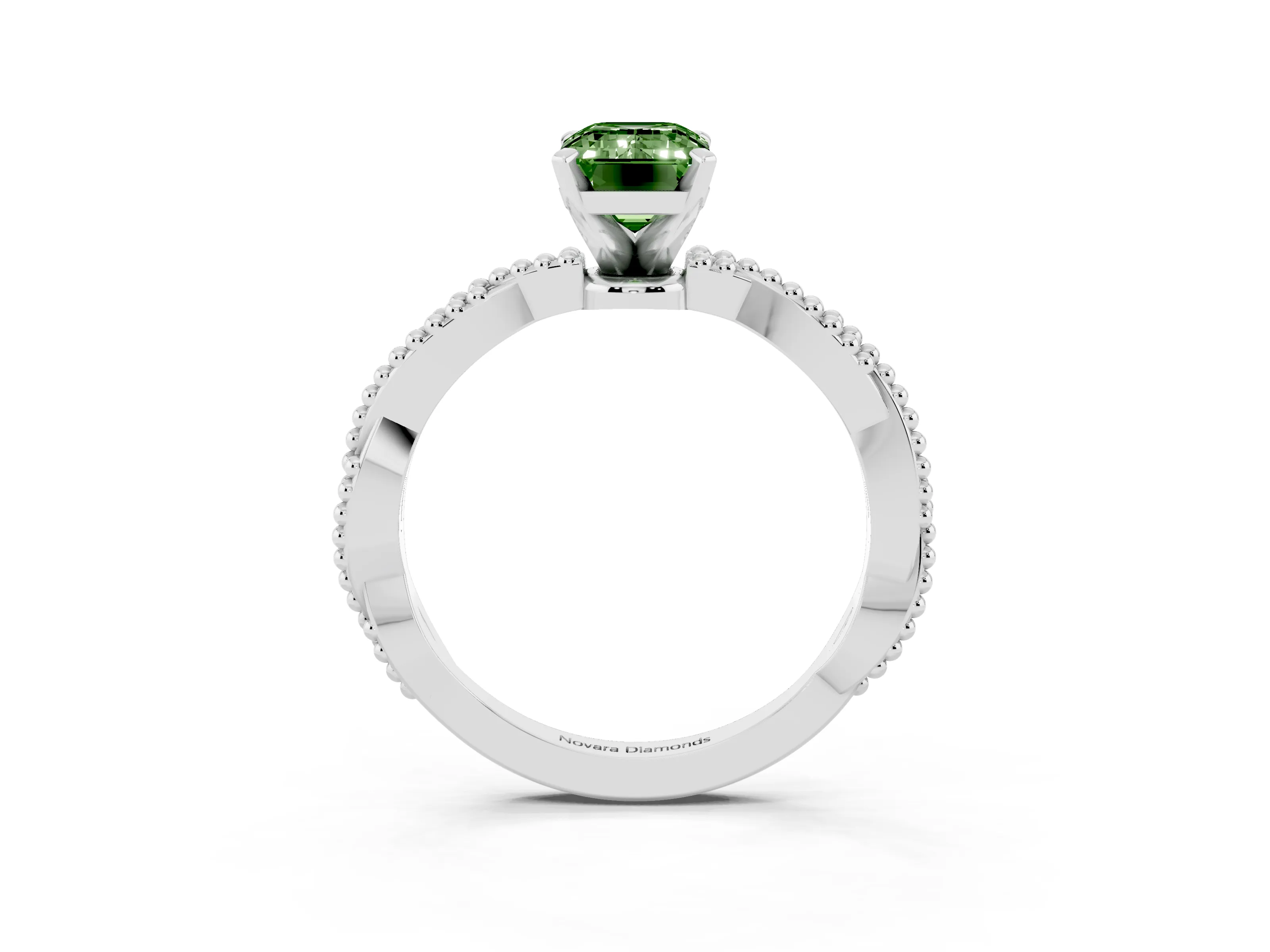 Fancy Green Emerald Cut Diamond Solitaire Ring Set in White gold with Twisted Band and Bead Prong Setting