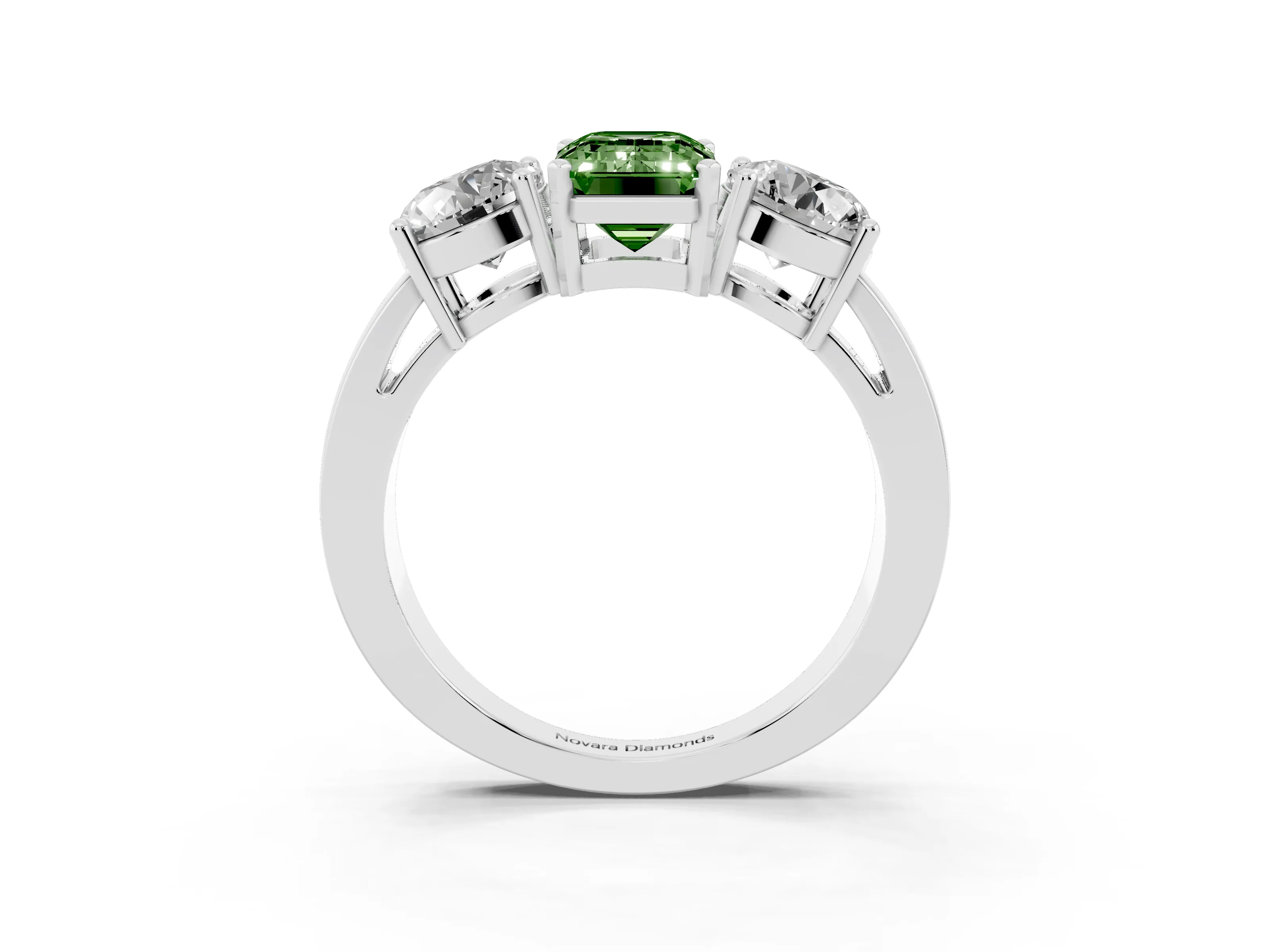 Fancy Green Emerald Cut Diamond Three-Stone Ring Set in Silver with Round Side Stones and Classic Band