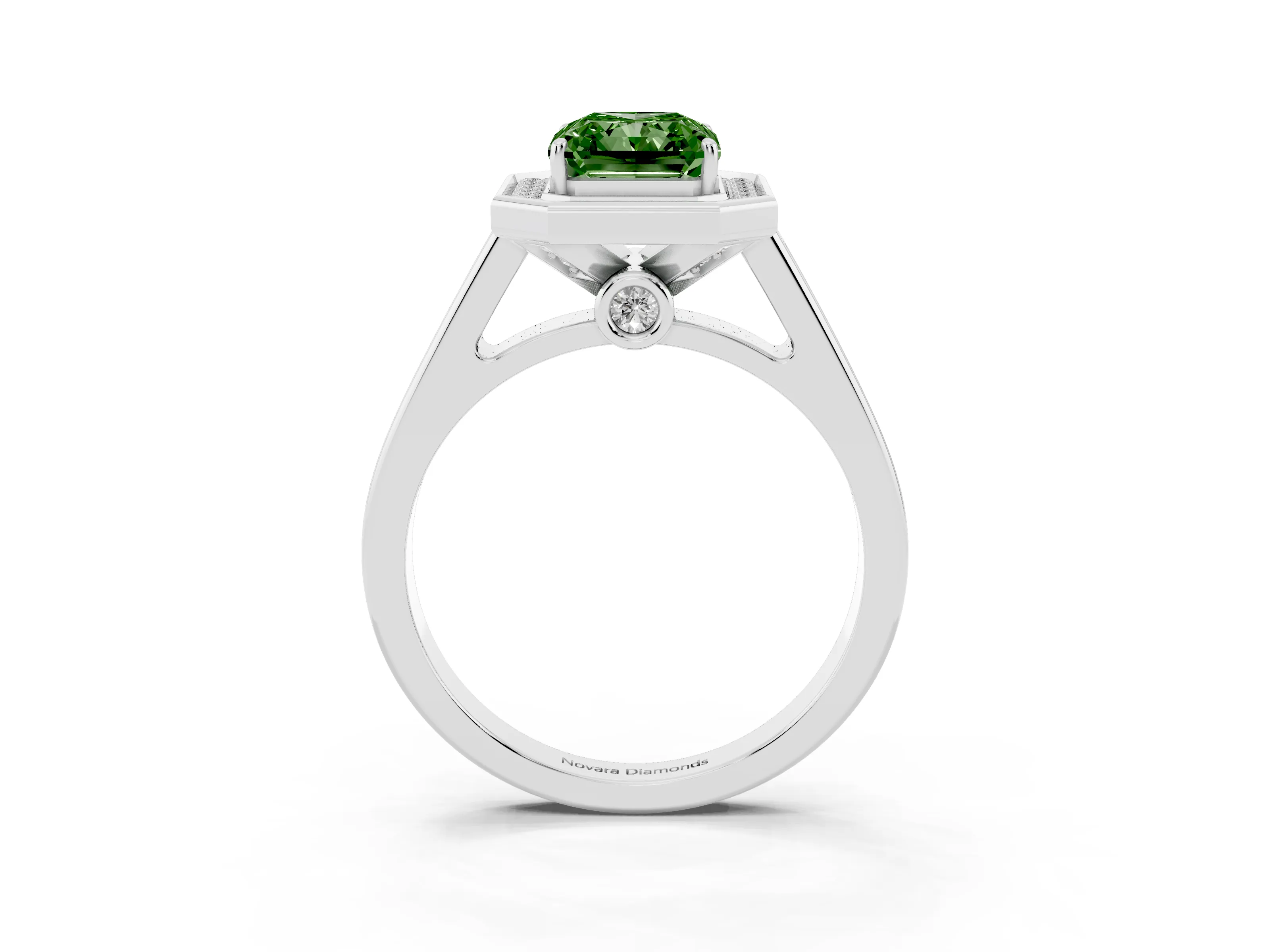 Fancy Green Emerald Cut Diamond Halo Solitaire Ring Set in Platinum with Pavé Band and Bezel Setting