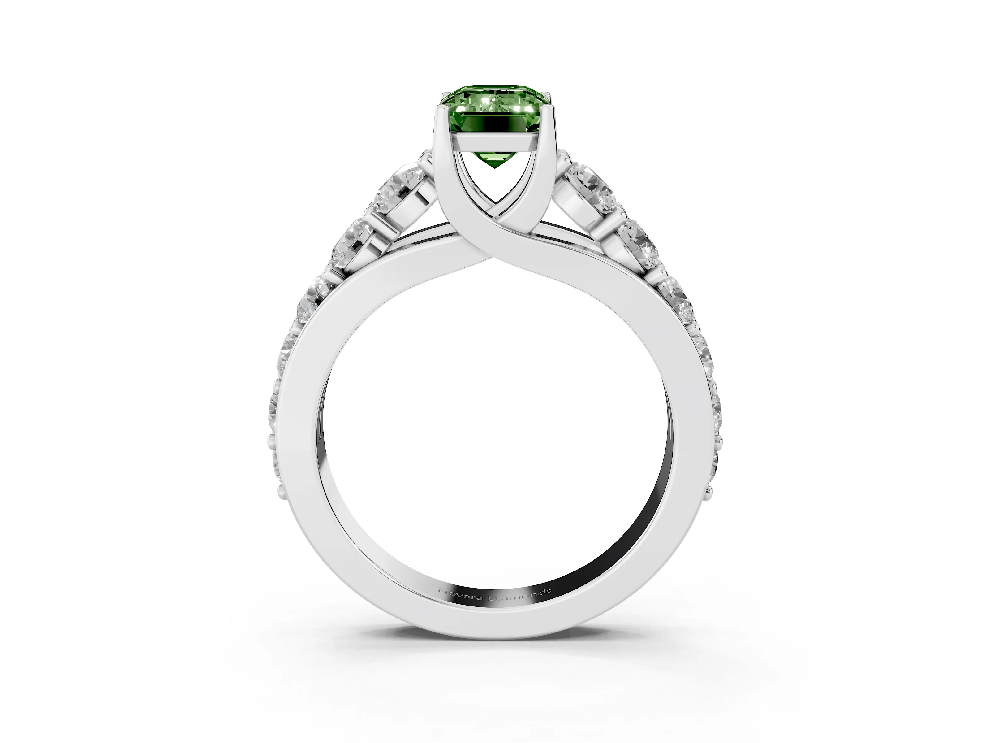 Fancy Green Emerald Cut Diamond Pavé Engagement Ring Set in White gold with Prong Setting