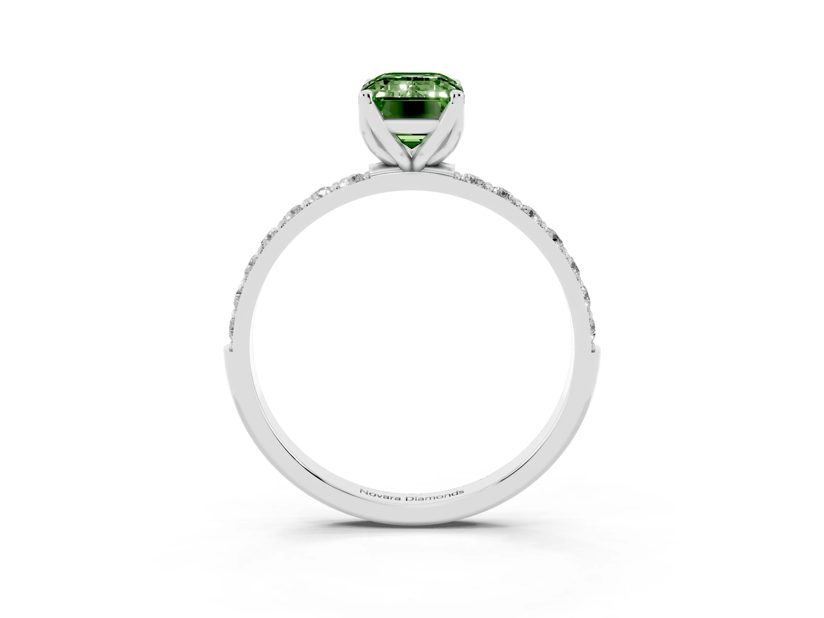 Fancy Green Emerald Cut Diamond Solitaire Engagement Ring Set in Platinum with Round Pavé Band and Prong Setting