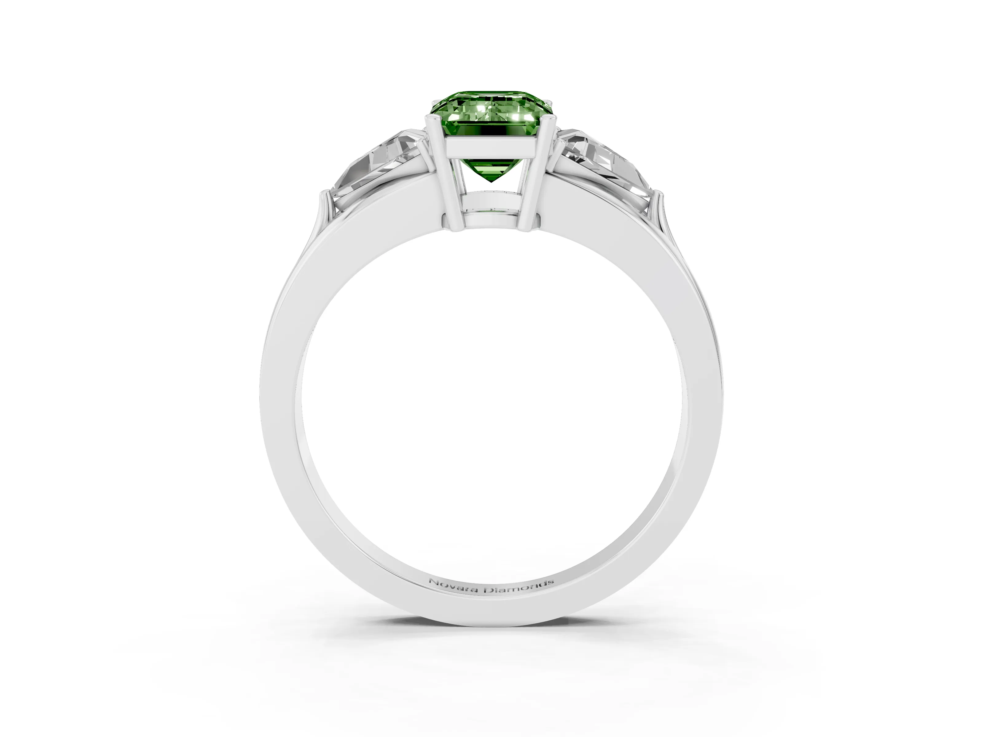 Fancy Green Emerald Cut Diamond Three-Stone Ring Set in Silver with Trillion Side Stones and Split Shank