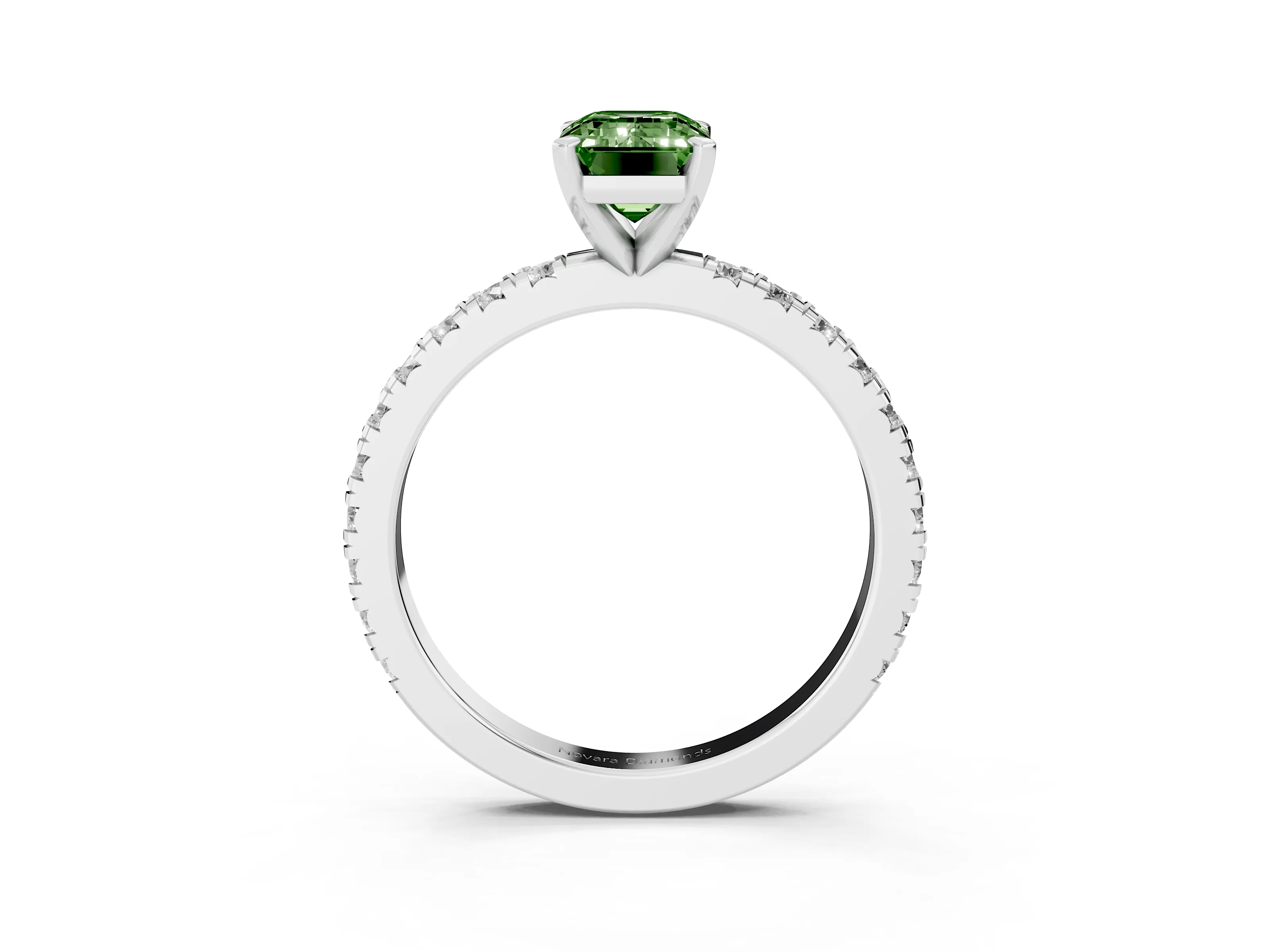 Fancy Green Emerald Cut Diamond Pavé Band Solitaire Set in Platinum with Prong Setting