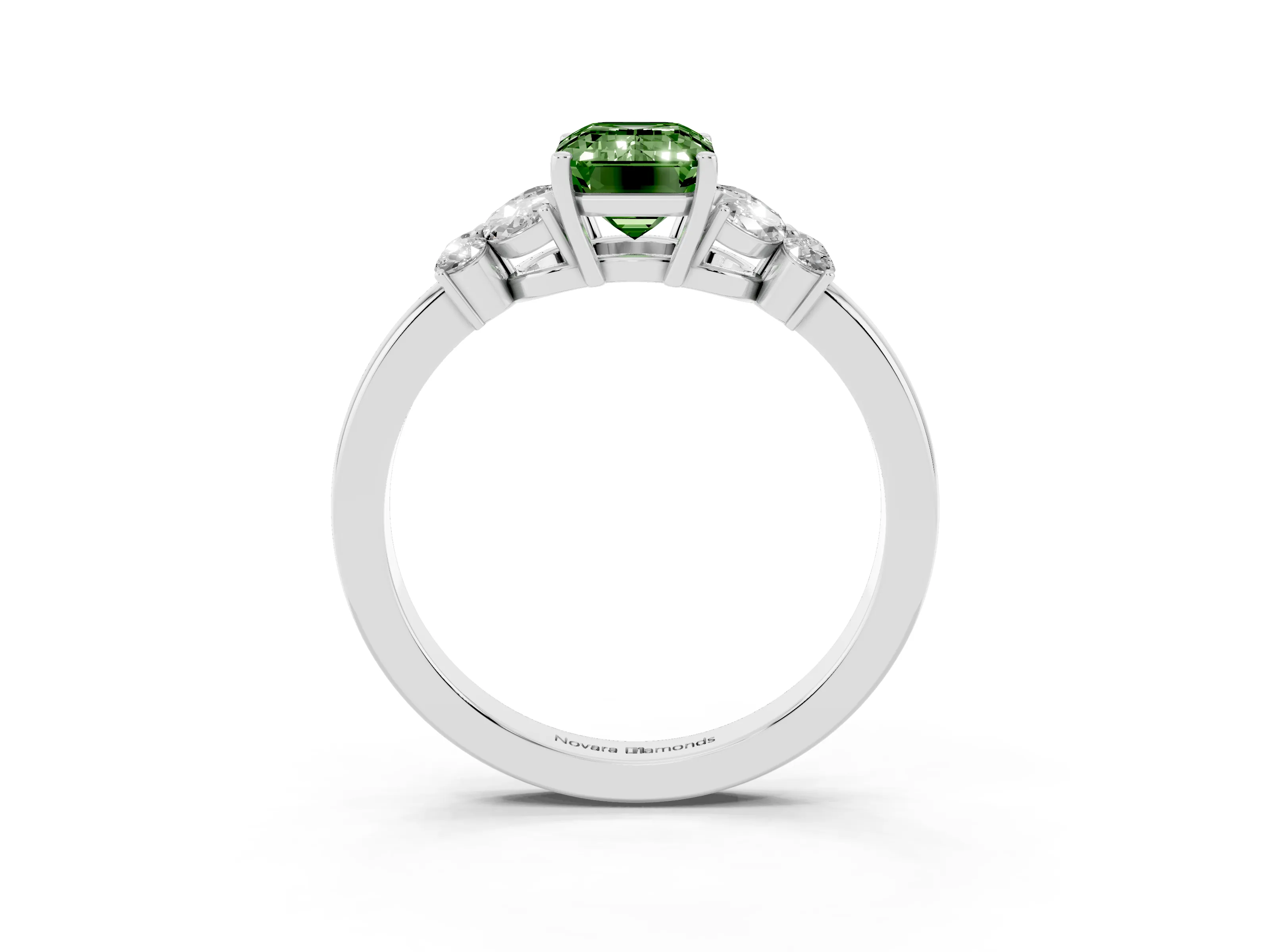Fancy Green Emerald Cut Diamond Solitaire Floral Ring Set in Platinum with Marquise Petals and Prong Setting
