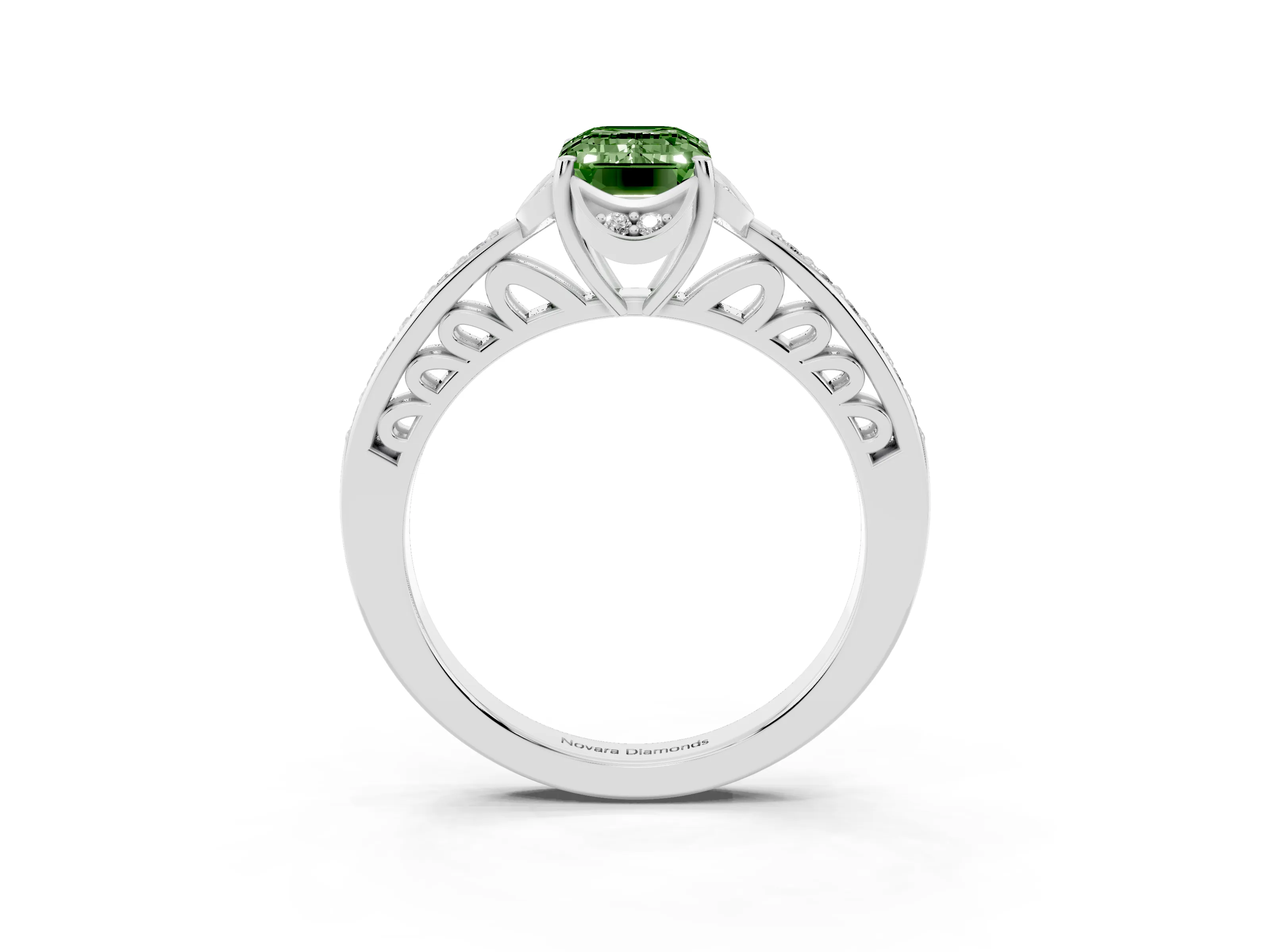 Fancy Green Emerald Cut Diamond Halo Ring Set in Platinum with Channel Set Band and Prong Setting