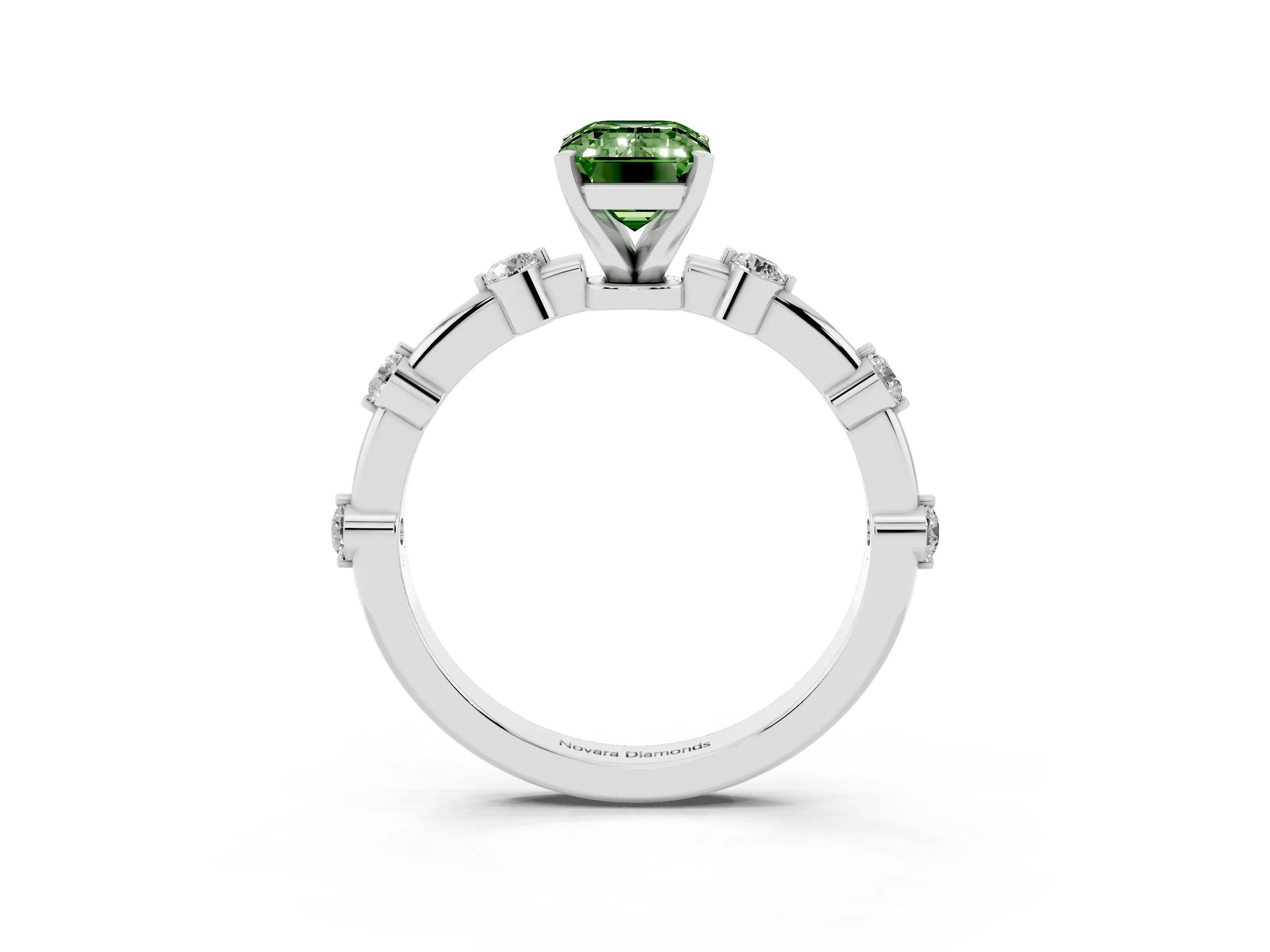 Fancy Green Emerald Cut Diamond Solitaire Ring Set in White gold with Bezel Set Side Stones and Prong Setting