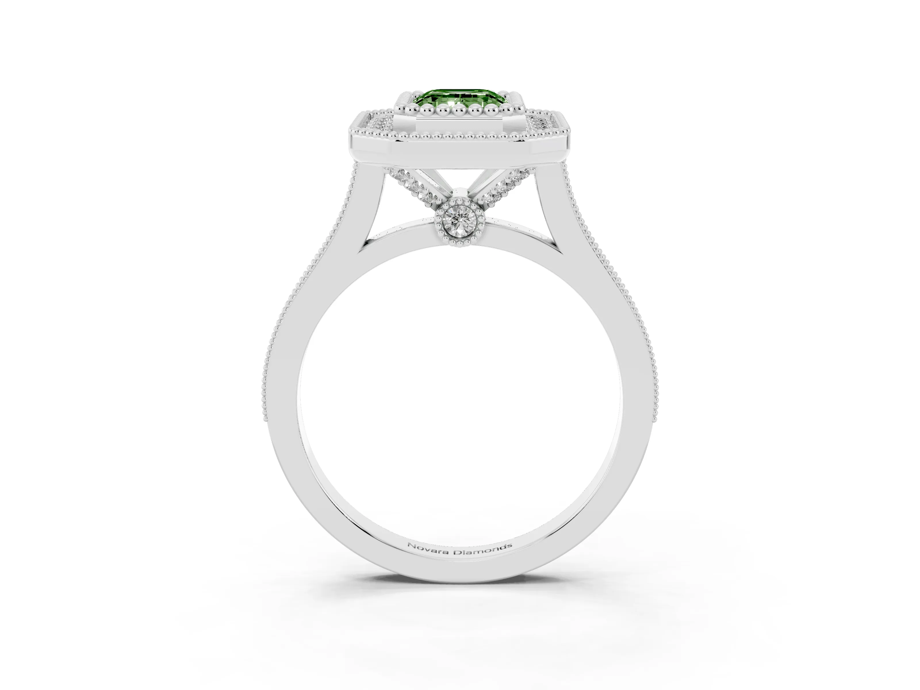 Fancy Green Emerald Cut Diamond Halo Ring Set in White gold with Milgrain Frame and Pavé Band