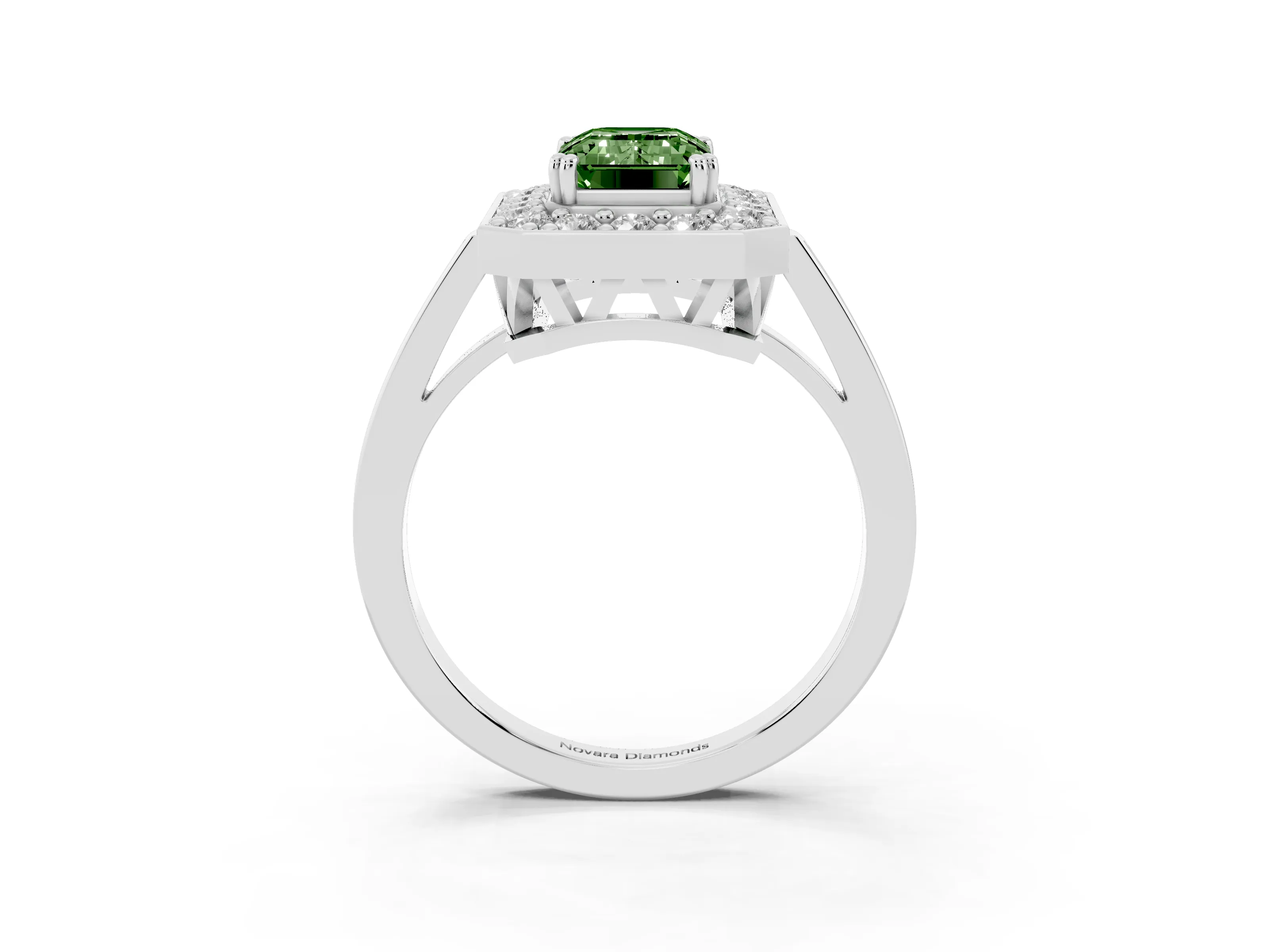 Fancy Green Emerald Cut Diamond Halo Ring Set in White gold with Accent-Lined Split Shank and Prong Setting